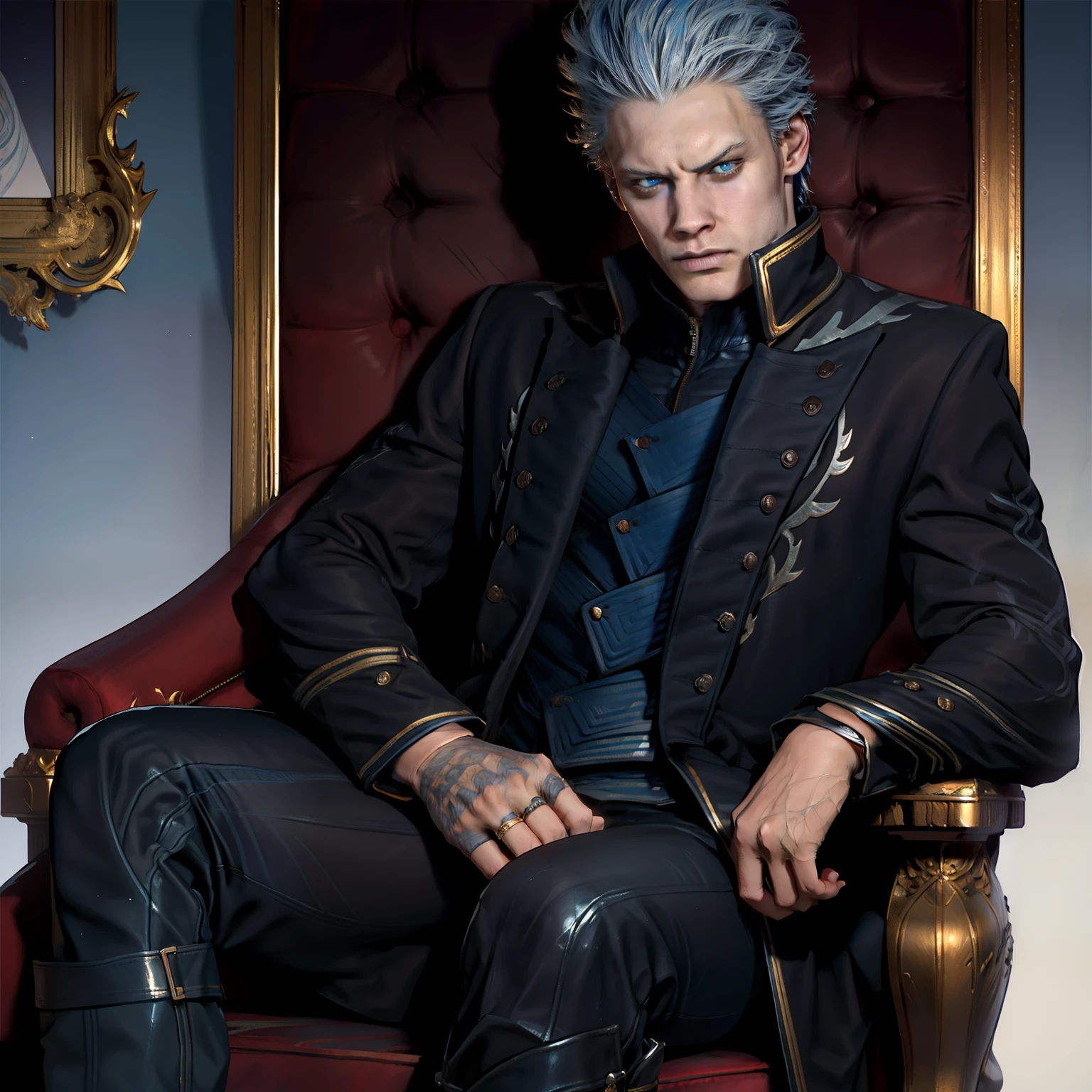 "1 homme, Adolescent de 20 ans, Dark blue wide collar, hair slicked back, Sparkling blue eyes, serious expression, sitting on a throne."