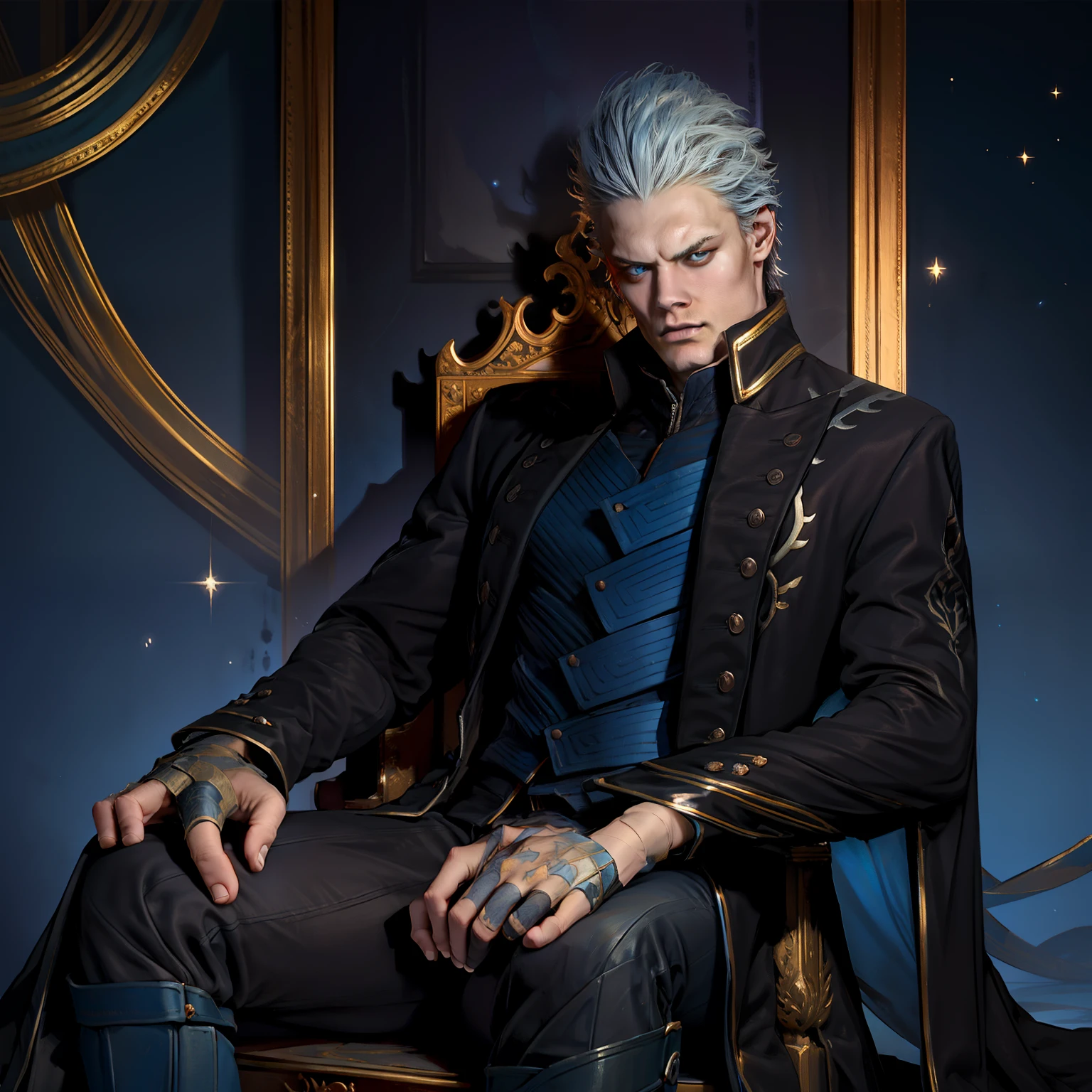 "1 homme, Adolescent de 20 ans, Dark blue wide collar, hair slicked back, Sparkling blue eyes, serious expression, sitting on a throne."