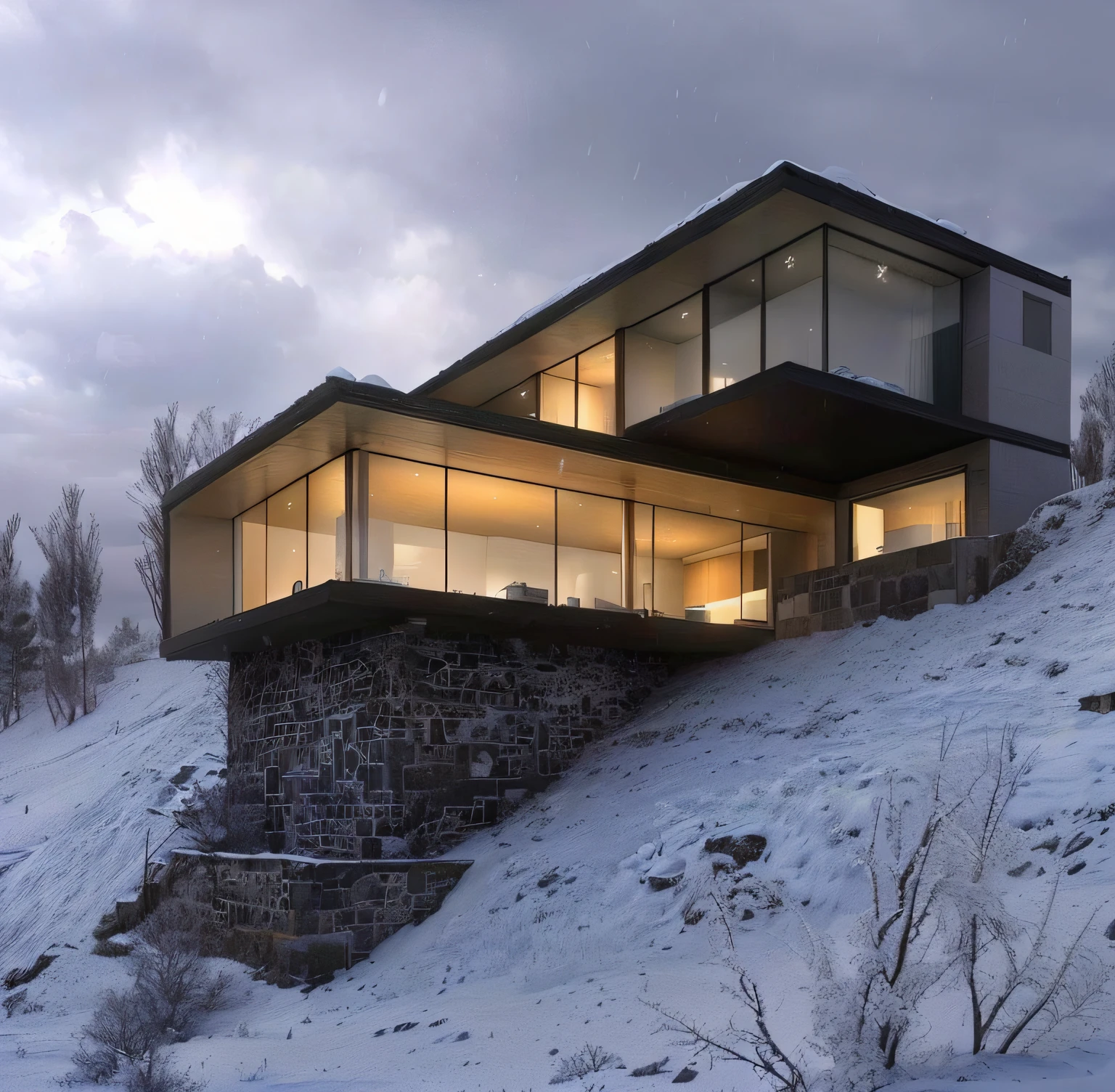 a view of a house on a snowy hill with a background of sky, casa em uma colina, arquitetura realista, high-quality render, stunning render, very realistic render, integrado nas montanhas, professional render, lumion rendering, renderizar no vray, architectural visualisation, very realistic 3 d render, excellent 3d render, realism rendering, render bonito, vray renderizado