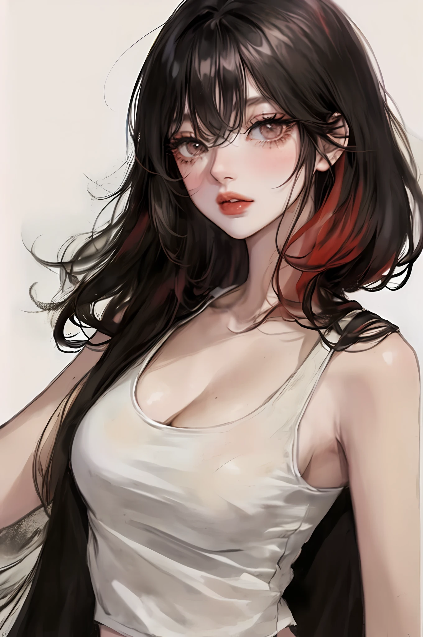 anime-style, illustration, watching from a distance, black hair, watercolor, one-hong makeup, chaiborg, simple background, one girl, black hair, (Super Straight Hair 1.8)))), no bangs, looking at the camera, facing forward, beautiful face, white skin, glossy skin, long and bunched lashes, eyeliner 1.6, red lip, thick lip, blush under the eyes, red head of nose, tank top