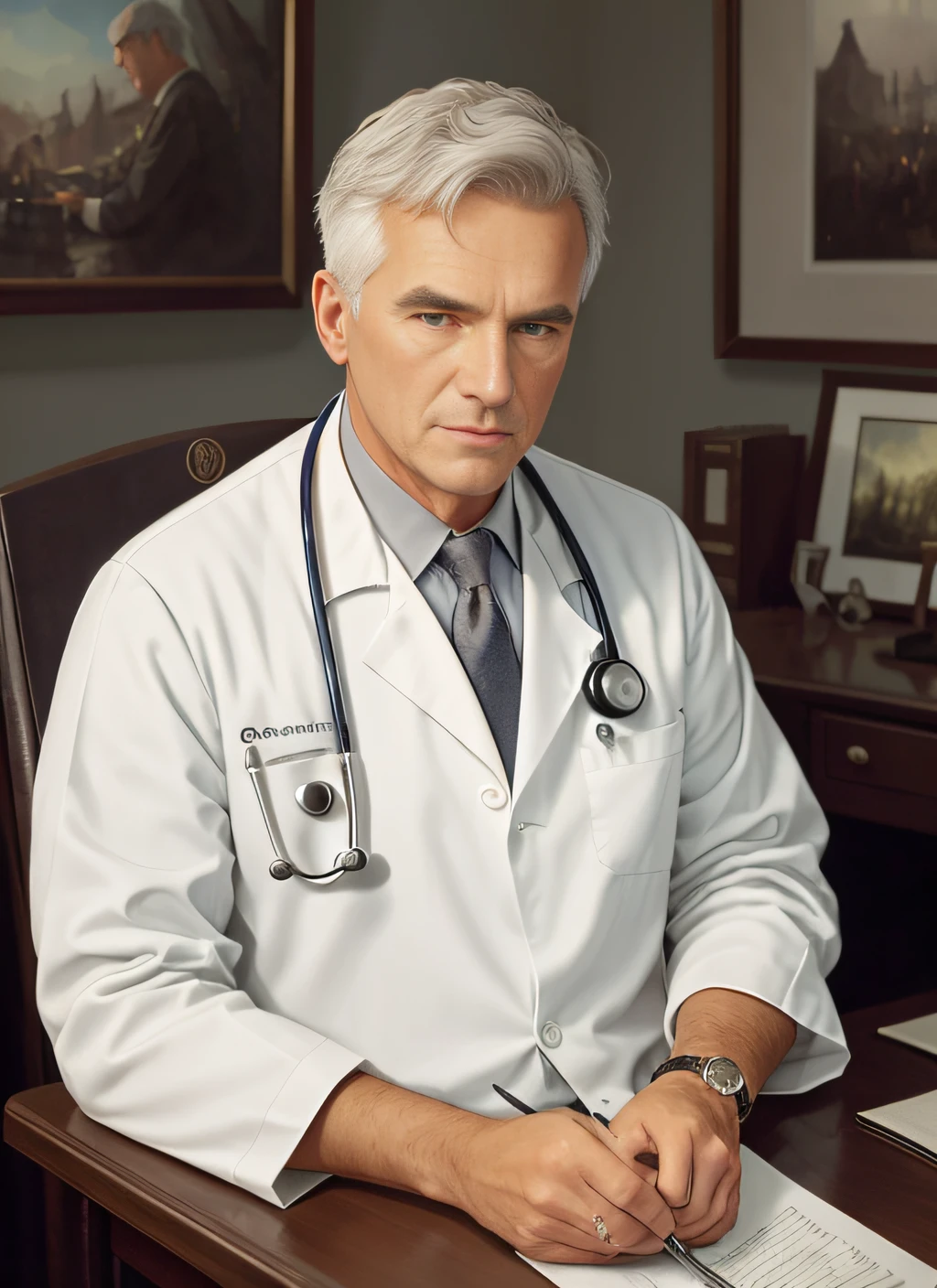 timeless style, 1950s full shot body photo of the most beautiful artwork in the world featuring (ww2) male doctor sitting on a desk nearby, grey hair, old man, white outfit,(handsome,sexy,hot old male doctor),((detailed face and eyes)), (well defined face, gentleman:1.3 ),focus on male, male focus, man, real human skin, nostalgia, 1man, stethoscope, heart professional majestic oil painting by Ed Blinkey, Atey Ghailan, Studio Ghibli, by Jeremy Mann, Greg Manchess, Antonio Moro, trending on ArtStation, trending on CGSociety, Intricate, High Detail, Sharp focus, dramatic, photorealistic painting art by midjourney and greg rutkowski