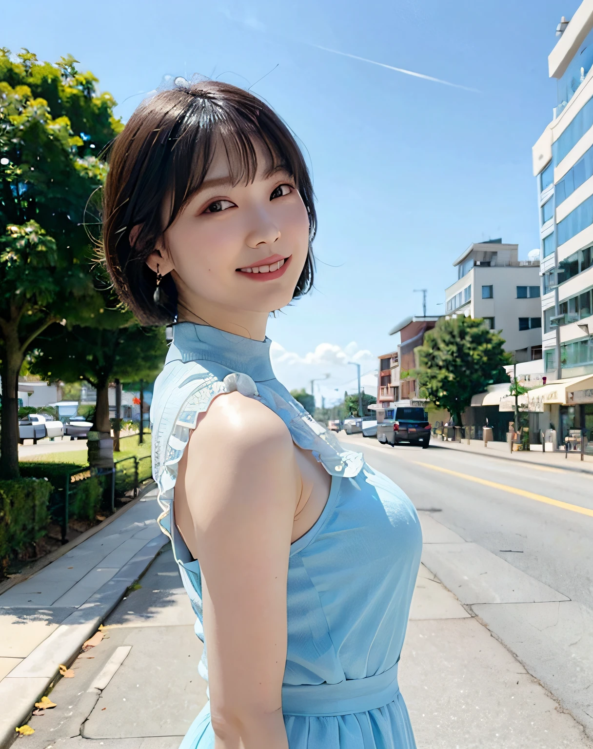 a woman posing on the street corner with light blue dress on, best quality, 1girl, large breasts, day, bright, blur background, bokeh, outdoor, (street:0.8), (people, crowds:1), (lace-trimmed dress:1.5, sleeveless dress, light blue clothes, light blue high-neck dress:1.2, blue dress: 1.5), gorgeous, (short hair, forehead:1.2), beautiful detailed sky, earrings, (dynamic pose:1.2), (upper body:0.8), soft lighting, wind, shiny skin, smile,
