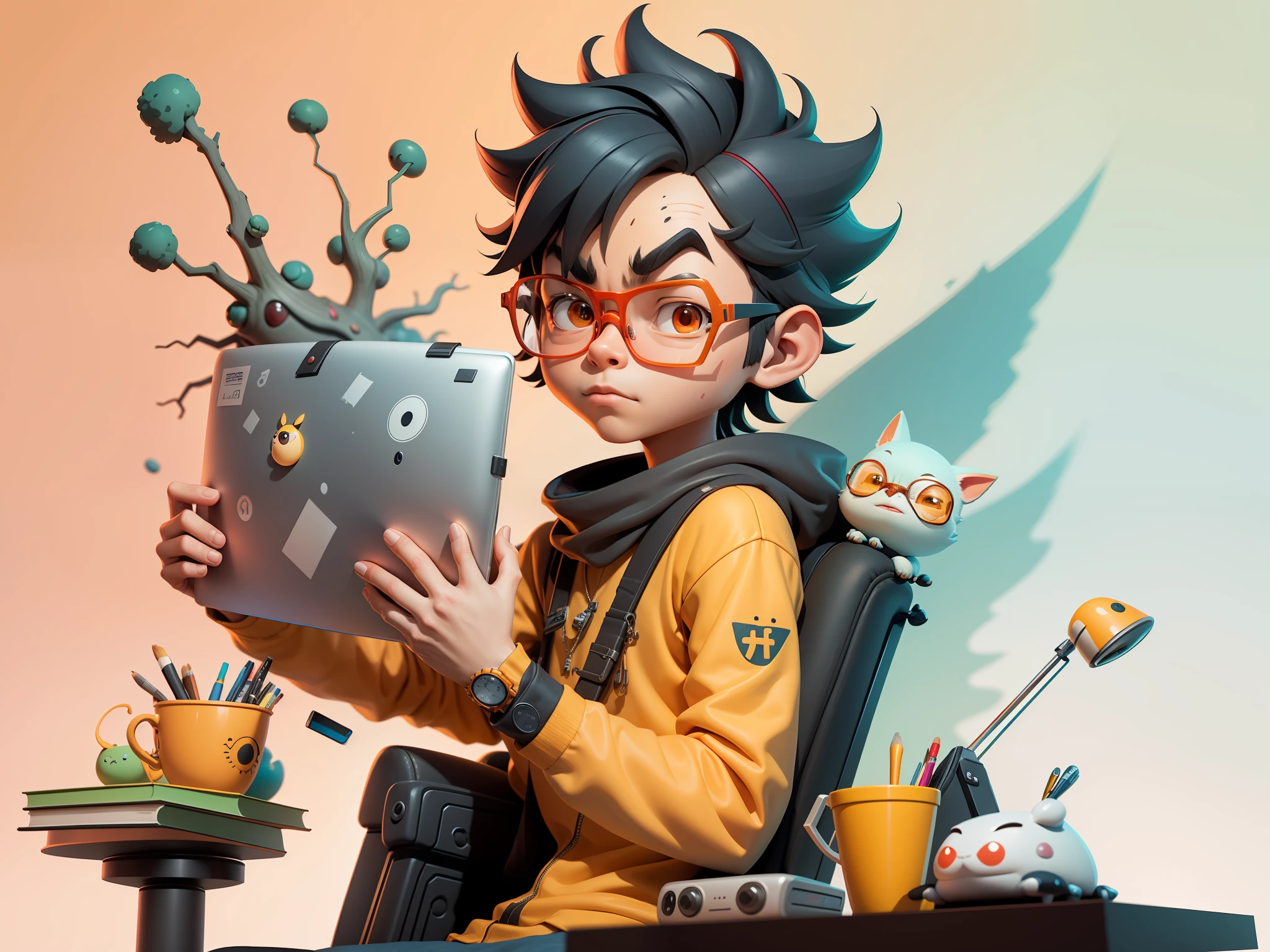 A young man with glasses sits at his desk,holding laptop,digitial painting,3D character design by Mark Clairen and Pixar and Hayao Miyazaki and Akira Toriyama,4K HD illustration,Very detailed facial features and cartoon-style visuals。