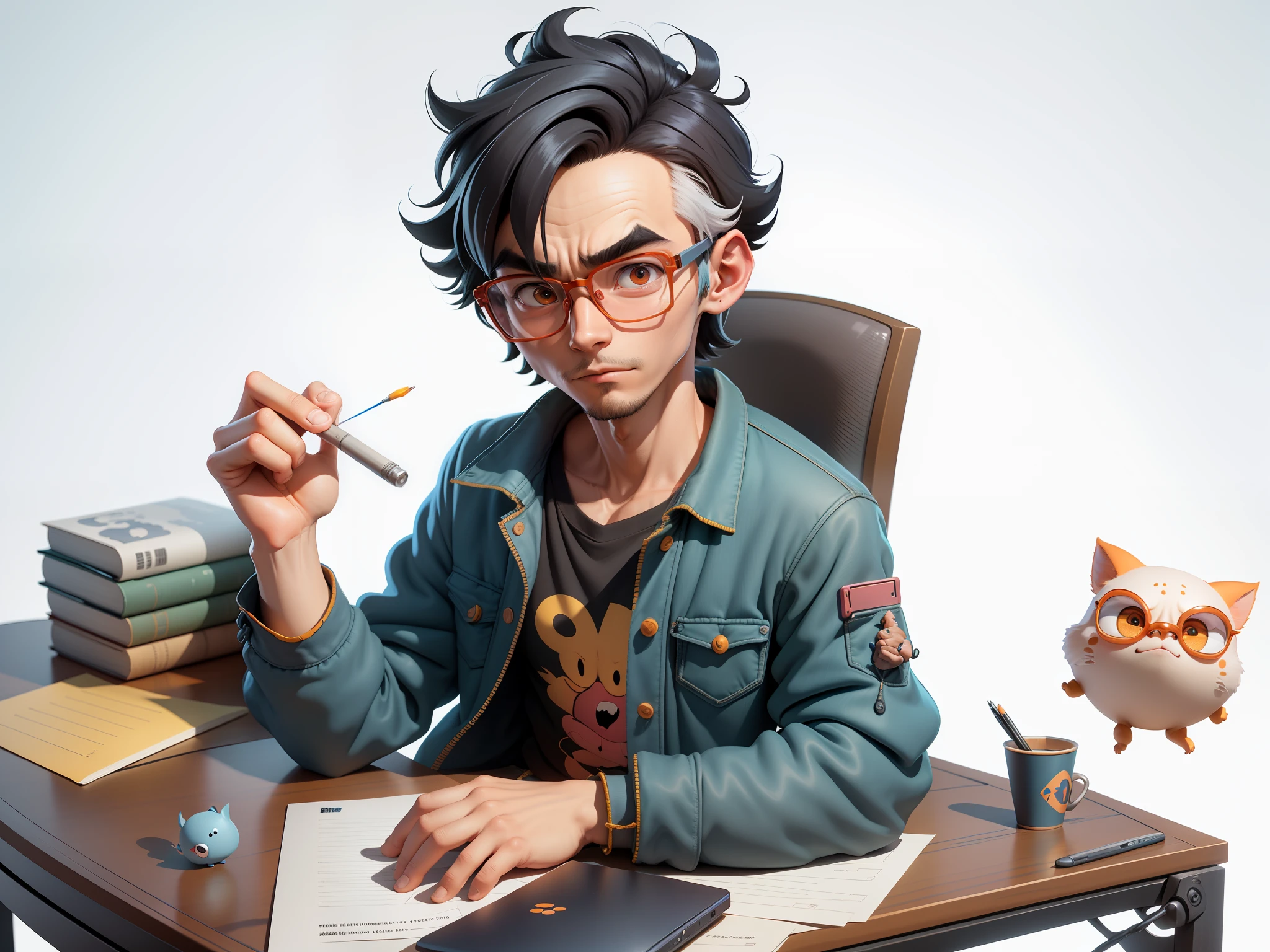 A young man with glasses sits at his desk，holding laptop，digitial painting，3D character design by Mark Clairen and Pixar and Hayao Miyazaki and Akira Toriyama，4K HD illustration，Very detailed facial features and cartoon-style visuals。