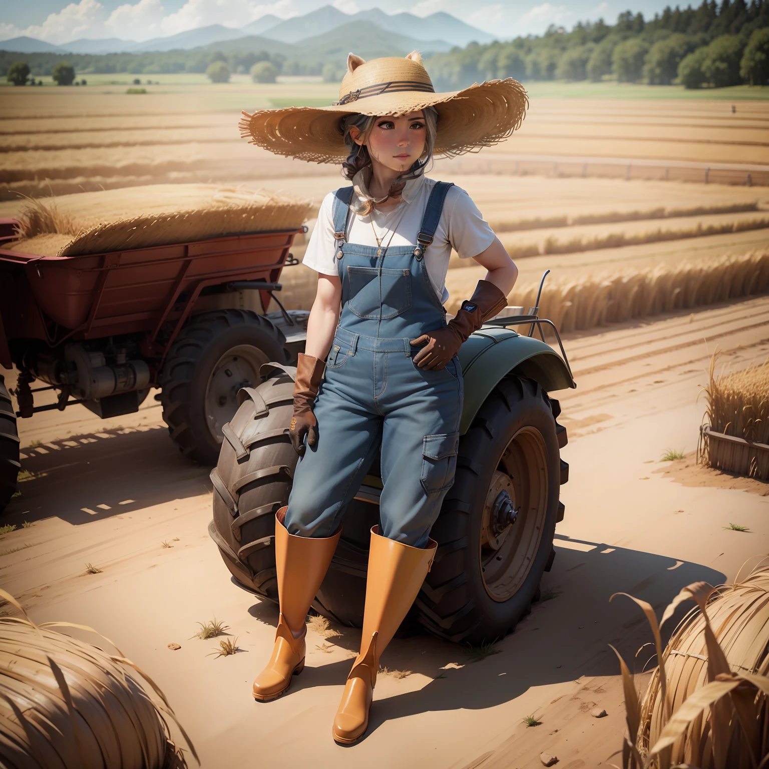 straw hat, overall, denim, (rubber boots:1.2), (work gloves:1.3), farm work, Driving on a tractor,Corn field,corn,There is a lama,There are alpacas