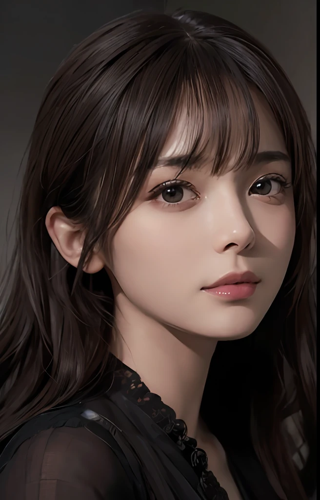 (Ultra Realistic), (Illustration), (Increased Resolution), (8K), (Extremely Detailed), (Best Illustration), (Beautiful and Detailed Eyes), (Best Quality), (Ultra Detailed), (Masterpiece ), ( wallpaper), (detailed face), solo, 1 girl, looking at viewer, fine details, detailed face, in the dark, deep shadows, low key, pureerosfaceace_v1, smiling, long hair, black shawl straight hair , 46 points oblique bangs