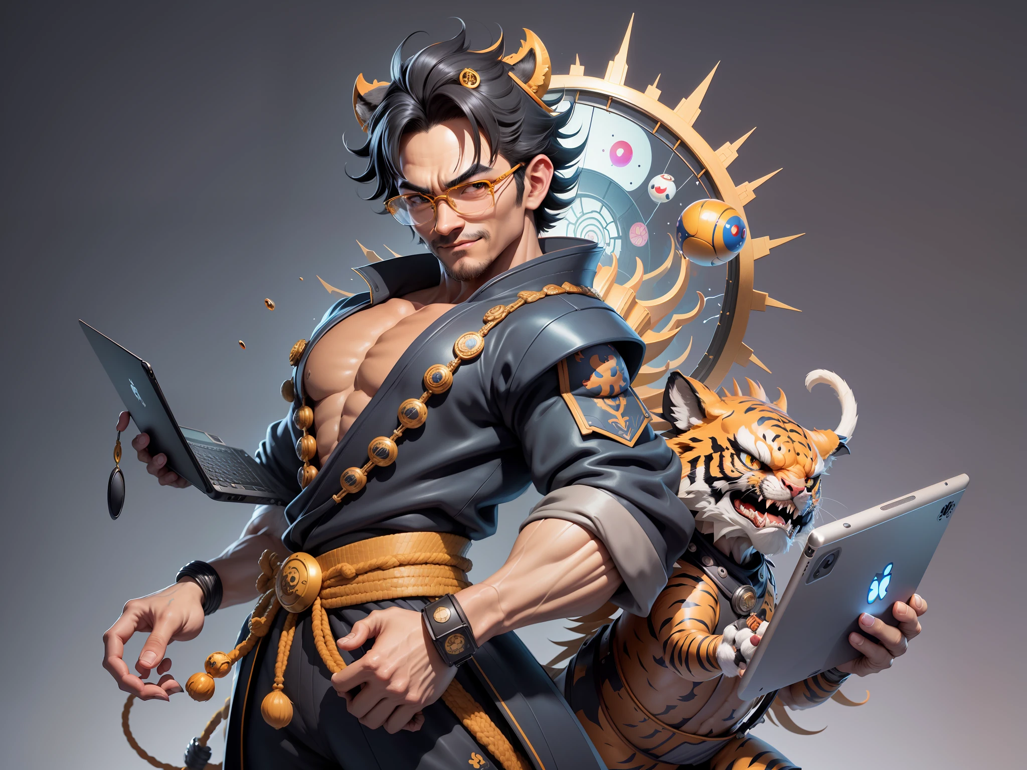 (Masterpiece), (Excellent), (Super Meticulous), (Full Body: 1.2), Super Young Man with Japanese Female Geisha, Pretty, Beautiful, Chinese Dragon, Tiger, Wind God Thor, Sexy, Bursting, Oriental Face, TV Anchor, Bust Portrait Illustration, Black Suit, Blue Tie, Slightly Chubby Face, Silver Glasses, Very Clean Face, No Beard on Chin, Black Super Short Hair, Black Eyes, Confident Smile, 3c Computer Sub-Products, iPad, iPhone, Digital Painting, 3D character design by Mark Clairedon and Pixar and Hayao Miyazaki and Akira Toriyama, the illustrations are HD illustrations in 4K resolution with highly detailed facial features and cartoon-style visuals.