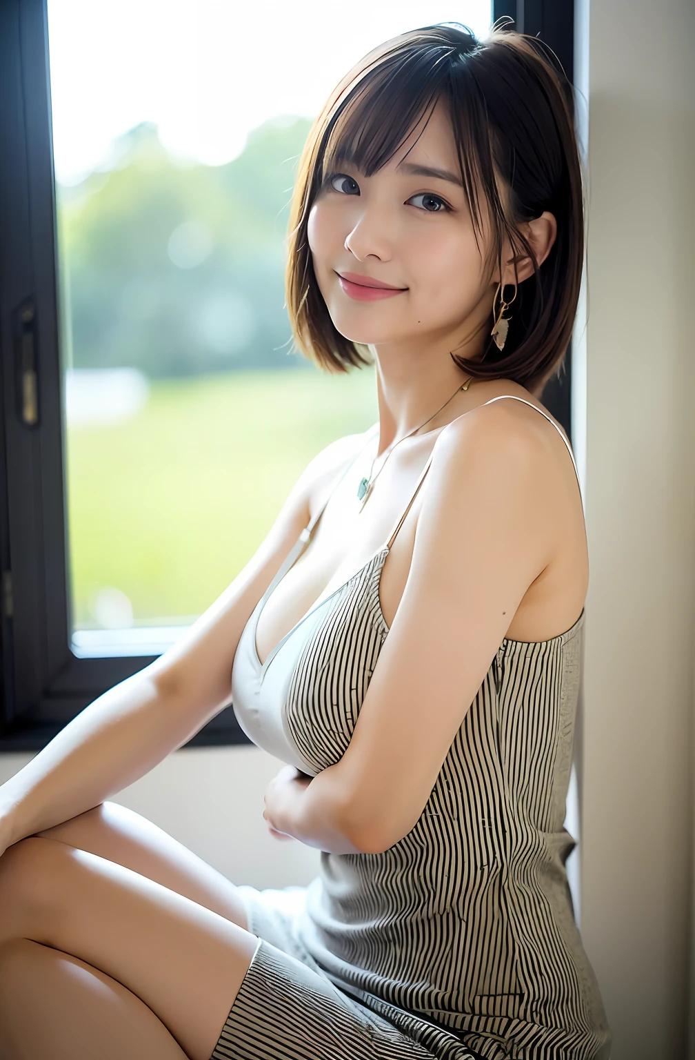 ((8K:1.27)、top-quality、masterpiece、超A high resolution:1.2)Photo Beautiful Japan woman(pleasing:1.1) Fantasia、detaileds、Geometry、Gradient lighting、1girl in、Delicate skin、looking at the viewers、Brown-eyed、(short hair with bangs:1.2)、(very big boobs:1.0)、(medium areola:0.8)、(realisitic:1.4)、(top-quality:1.0)、(超A high resolution:1.0)、8K、Raw photography、(masterpiece:0.2)、(pureerosface_v1:0.5)、 From the knee up、Turn your buttocks、by the window、Kamimei、excited expressions、Red cheeks、want me、walls、Staring at this、Angle from the side、up chest、a necklace、tight fitted、Super Mini Length Dress、Spaghetti Straps、Stripes、Beige and black stripes、Striped Cami Sweater Dress、Horizontal border、Horizontal border、Thick border、Horizon、up chest、smil、Raised corners of the mouth、Duck mouth、Thigh massage、an legs、Hugging thighs showing clean legs、