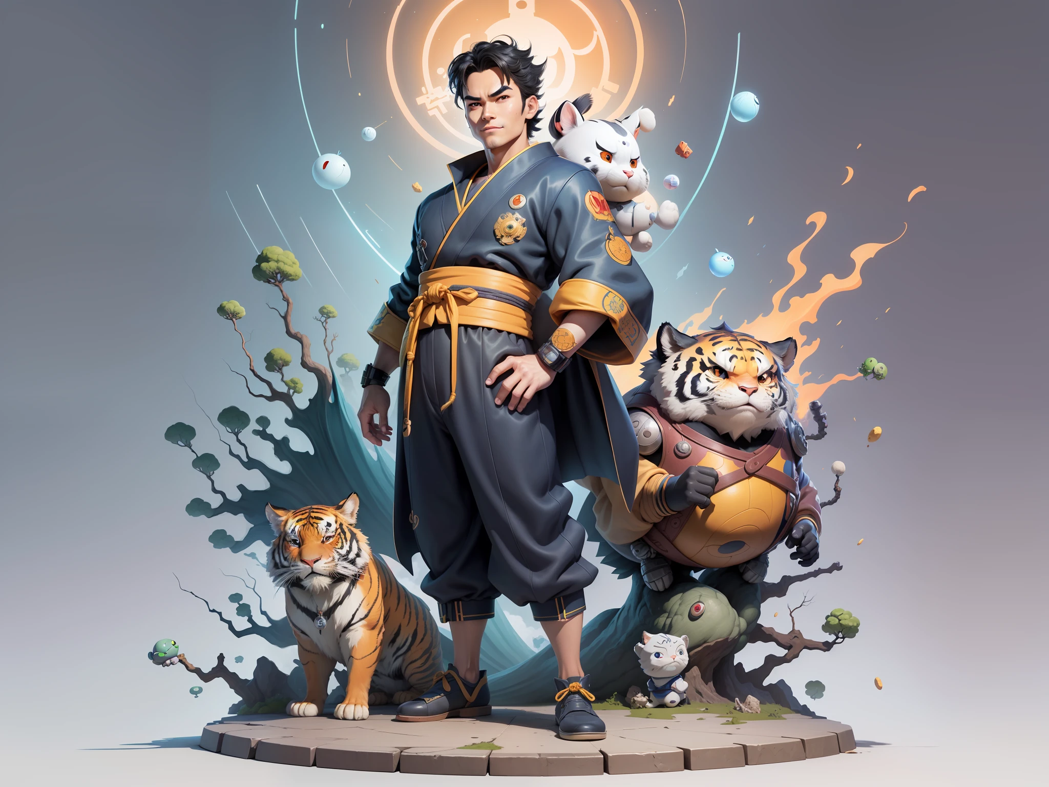 (Masterpiece), (Excellent), (Super Meticulous), (Full Body: 1.2), Super Young Man, Oriental Face, Japanese Kimono, Japanese Wind Thunder God, Dragon, Tiger, TV Anchor, Bust Portrait Illustration, Alone, Black Suit, Blue Tie, Slightly Chubby Face, Very Clean Face, No Beard, Black Super Short Hair, Black Eyes, Confident Smile, 3c Computer Sub-Products, iPad, iPhone, Digital Painting, 3D Character Design by Akira Toriyama and Mark Claireden and Pixar and Hayao Miyazaki, The illustration is a high-definition illustration in 4K resolution with very detailed facial features and cartoon-style visuals.