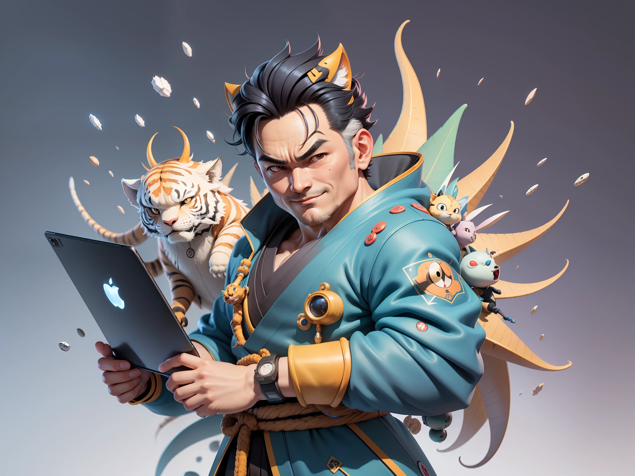 (Masterpiece), (Excellent), (Super Meticulous), (Full Body: 1.2), Super Young Man, Oriental Face, Japanese Kimono, Japanese Wind Thunder God, Dragon, Tiger, TV Anchor, Bust Portrait Illustration, Alone, Black Suit, Blue Tie, Slightly Chubby Face, Very Clean Face, No Beard, Black Super Short Hair, Black Eyes, Confident Smile, 3c Computer Sub-Products, iPad, iPhone, Digital Painting, 3D Character Design by Akira Toriyama and Mark Claireden and Pixar and Hayao Miyazaki, The illustration is a high-definition illustration in 4K resolution with very detailed facial features and cartoon-style visuals.