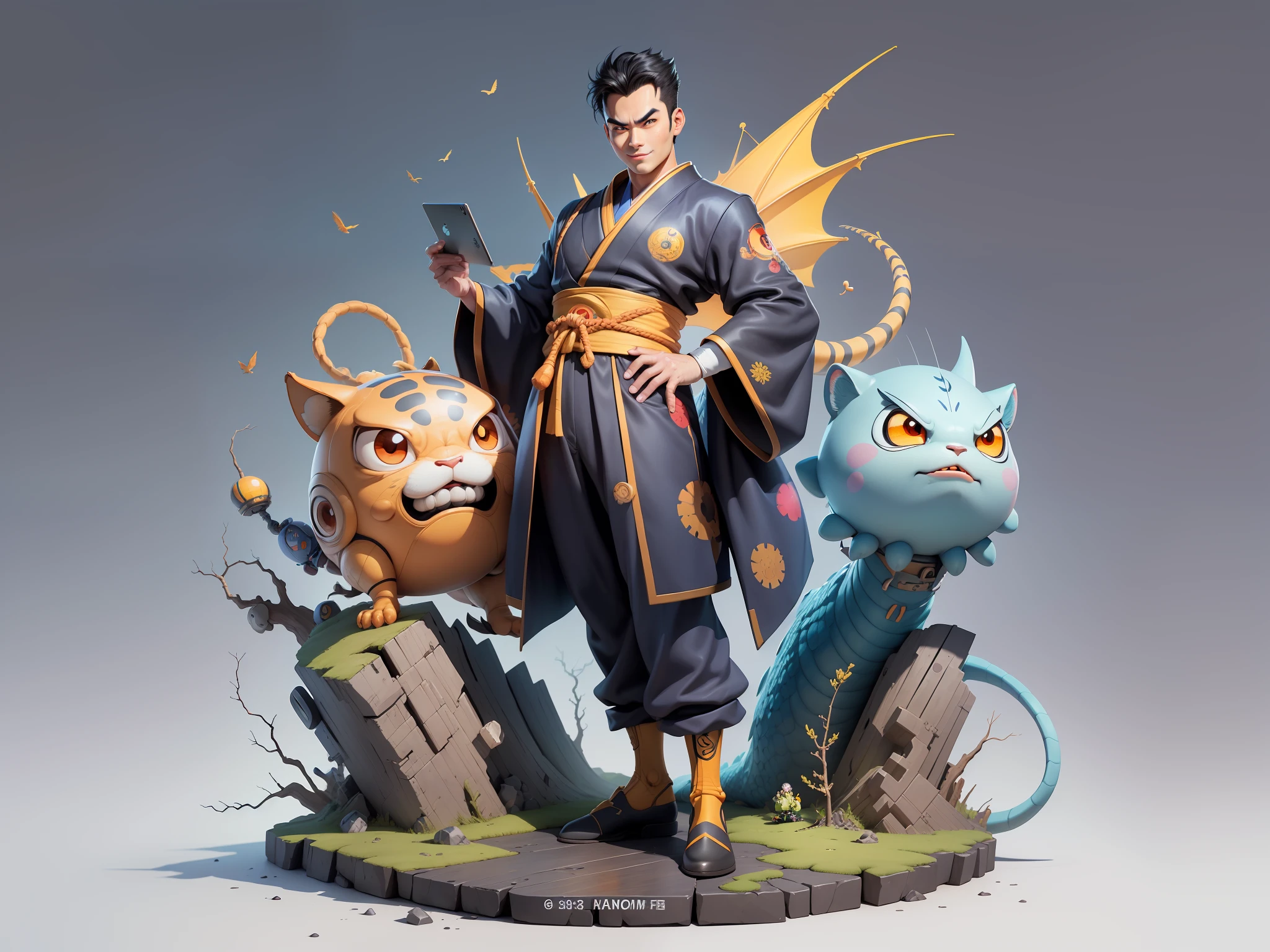 (Masterpiece), (Excellent), (Super Meticulous), (Full Body: 1.2), Super Young Man, Oriental Face, Japanese Kimono, Japanese Wind Thunder God, Dragon, Tiger, TV Anchor, Bust Portrait Illustration, Alone, Black Suit, Blue Tie, Slightly Chubby Face, Very Clean Face, No Beard, Black Super Short Hair, Black Eyes, Confident Smile, 3c Computer Sub-Products, iPad, iPhone, Digital Painting, 3D Character Design by Akira Toriyama and Mark Claireden and Pixar and Hayao Miyazaki, The illustration is a high-definition illustration in 4K resolution with very detailed facial features and cartoon-style visuals.