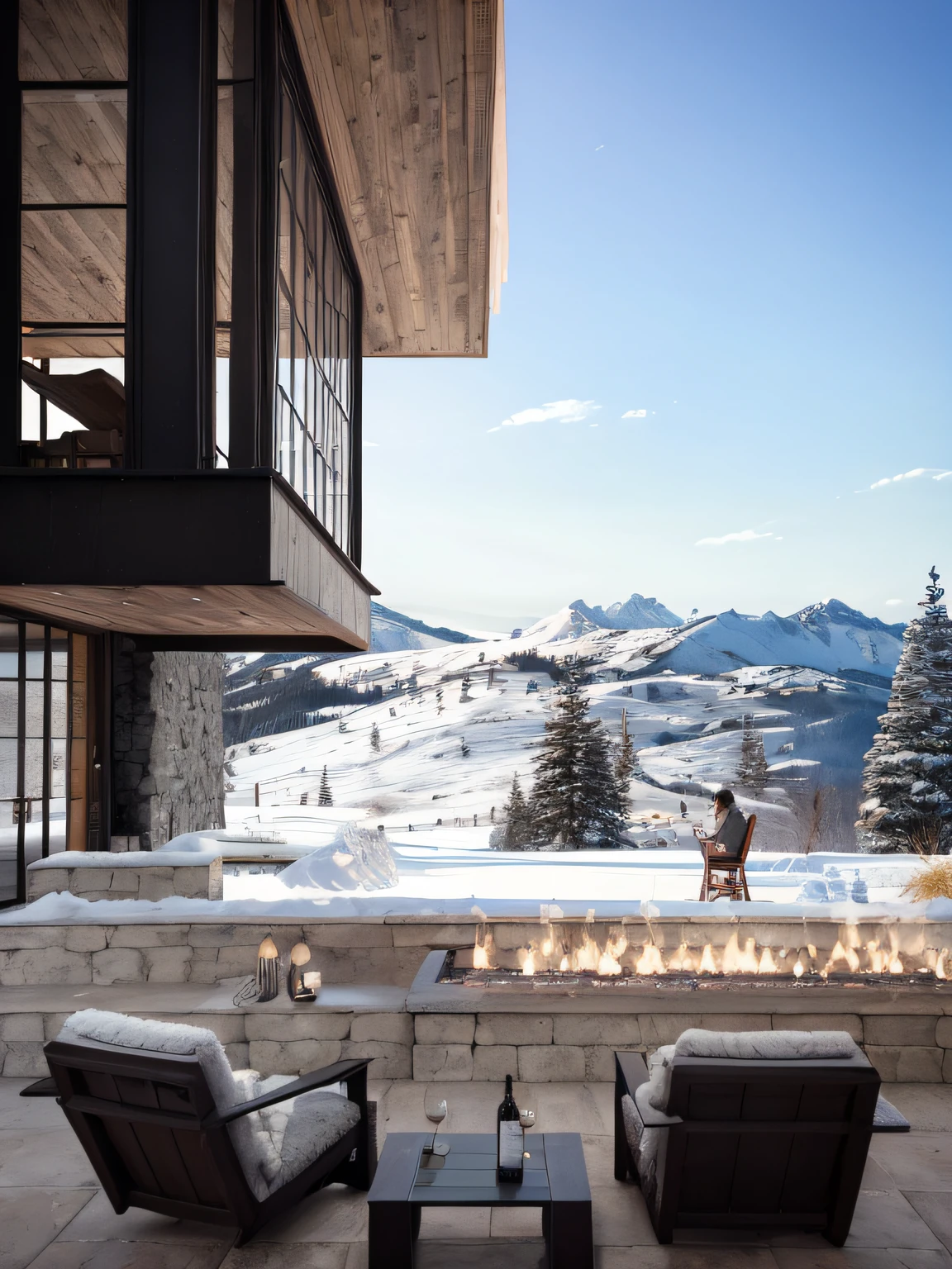 There is a patio with fireplace and chairs, integrado nas montanhas, arquitetura alpina, chalet, imagem realista verdadeira, brilho matinal, Directed by: Emma Andijewska, realistic depiction, alpino, foto de beleza, inspiration, obra-prima obra de arte, Inspirador, obra-prima', Directed by: Jakob Gauermann, esqui deslumbrante, Woo Kim, esqui deslumbrante, Directed by: Werner Andermatt
