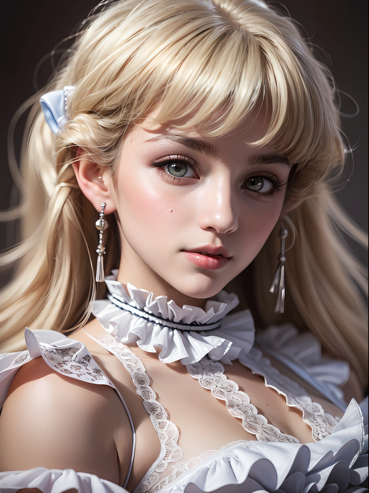 (masterpiece, best quality:1.4), (close up:1.2), looking at the viewer, smile, 1girl, solo, (european youth:1), chii, brown eyes, choker, (higly detailed long antique lace dress with frills:1.5), long dress, lace dress, frills, ruffles, robot ears, elbow gloves, (frills:1.2), (ruffles:1.2), gloves, platinum blonde hair, ribbon choker, medium breasts, solo, strap slip, very long hair, white dress, white gloves mksks style, beautiful face, (highly detailed face 1.2), (highly detailed eyes:1.5), highly detailed skin, skin pores, subsurface scattering, realistic pupils, highly detailed face, (highly detailed eyes:1.2), full face blush, full lips, detailed background, depth of field, volumetric lighting, sharp focus, absurdres, realistic proportions, good anatomy, (realistic, hyperrealistic:1.4), 16k hdr,