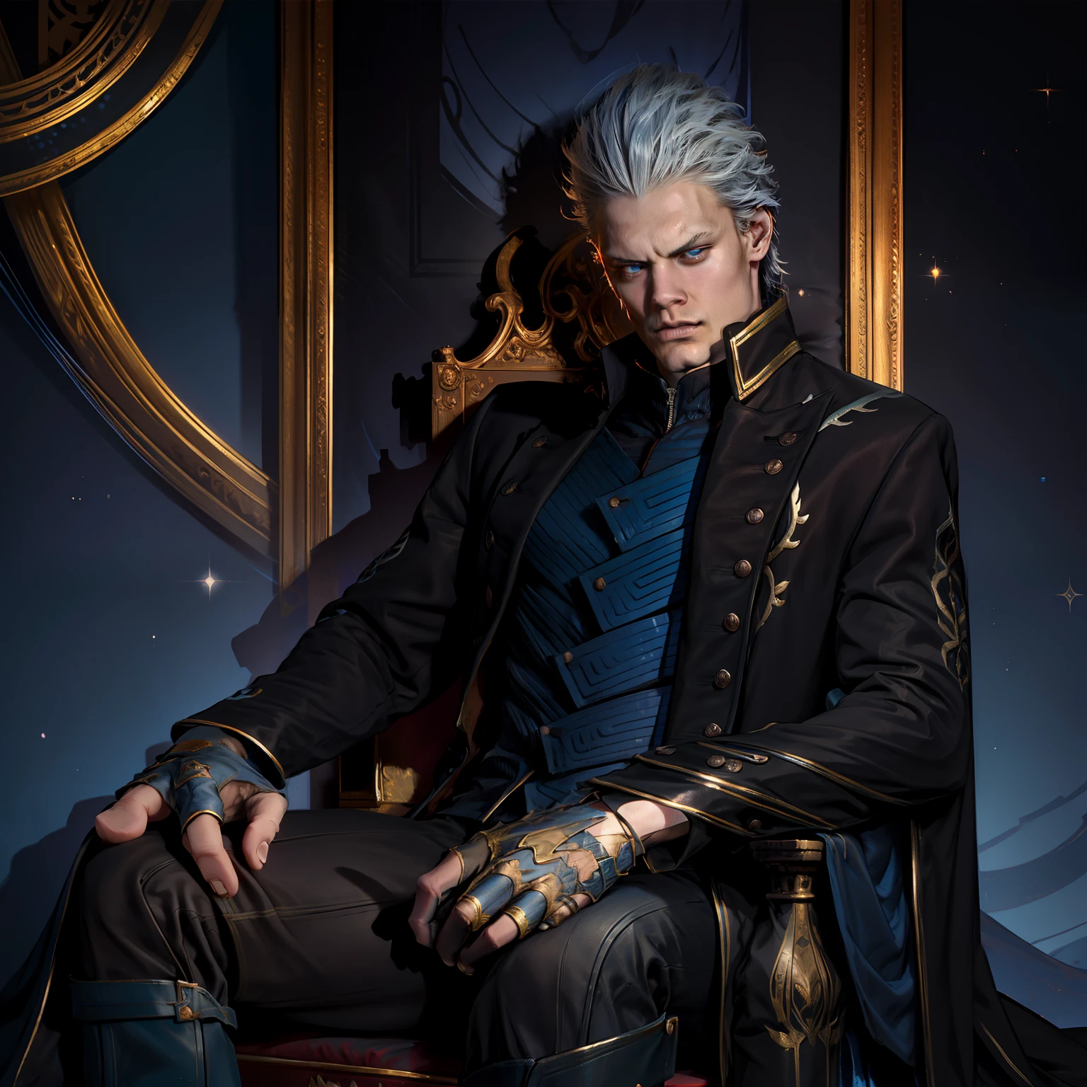 "1 homme, Adolescent de 20 ans, Dark blue wide collar, hair slicked back, Sparkling blue eyes, serious expression, sitting on a throne."