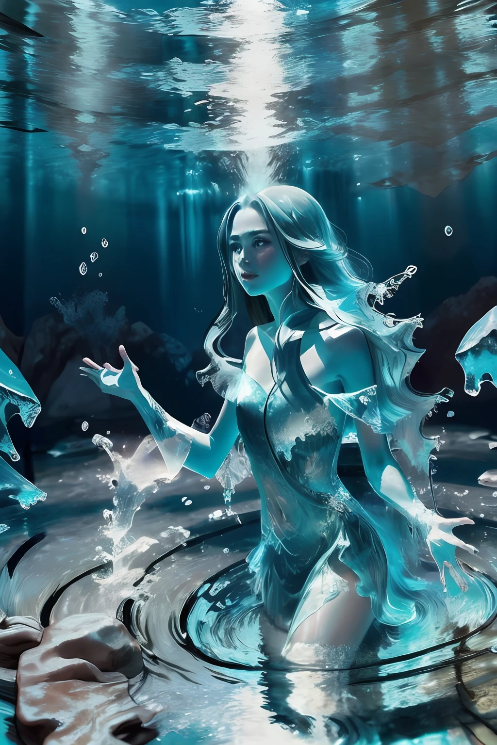 Girl with long hair whose body made of water (girl by Fullwater:1), (liquid body, liquid, water, blue skin: 1), in waterfall, fantasy background, blue lighting, artistic, wearing teal strap dress made of water, (medium closeup),