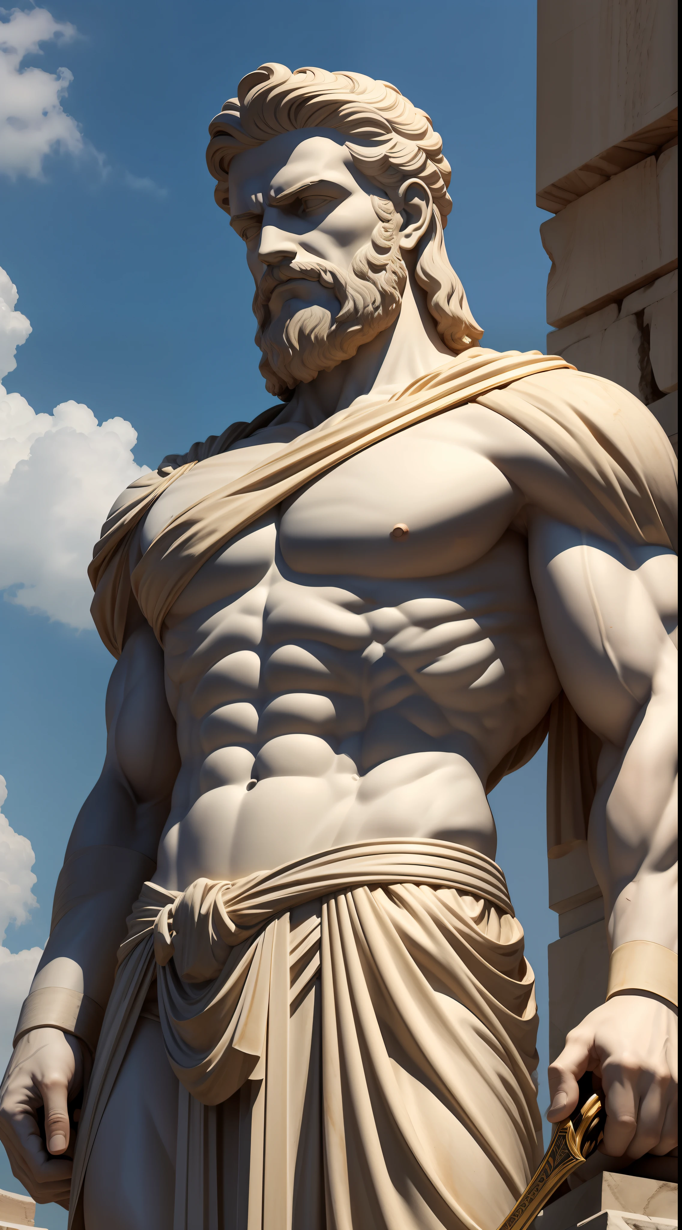 estatua de Homem inteiro, segurando uma espada, Ancient Greece, pronto para guerra, estilo espartano, musculoso, forte, barbudo, cabelo longo, aspecto serio e imponente, close up, homem de perfil, melhor qualidade