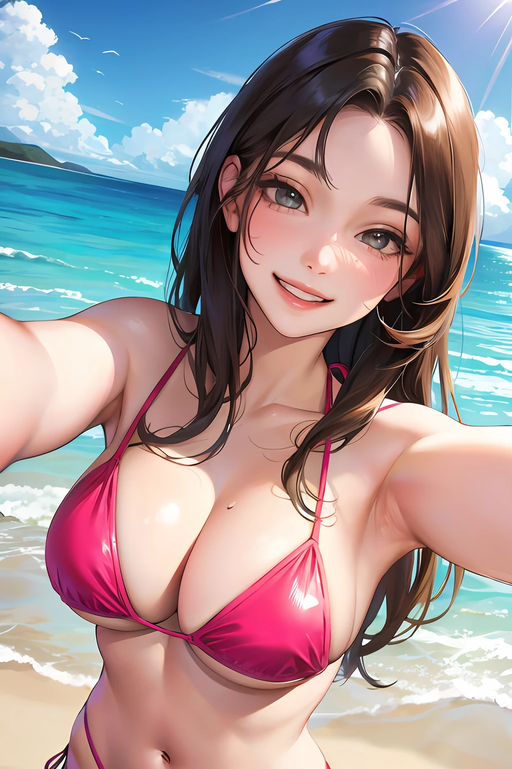 Realistic, single girl selfie, wearing bikini, big breasts, smiling face