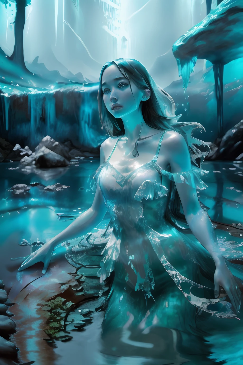 Beautiful girl , (girl by Fullwater:1), (liquid body, liquid, water, blue skin: 1), in waterfall, fantasy background, blue lighting, artistic, wearing teal strap dress made from water, (medium closeup),