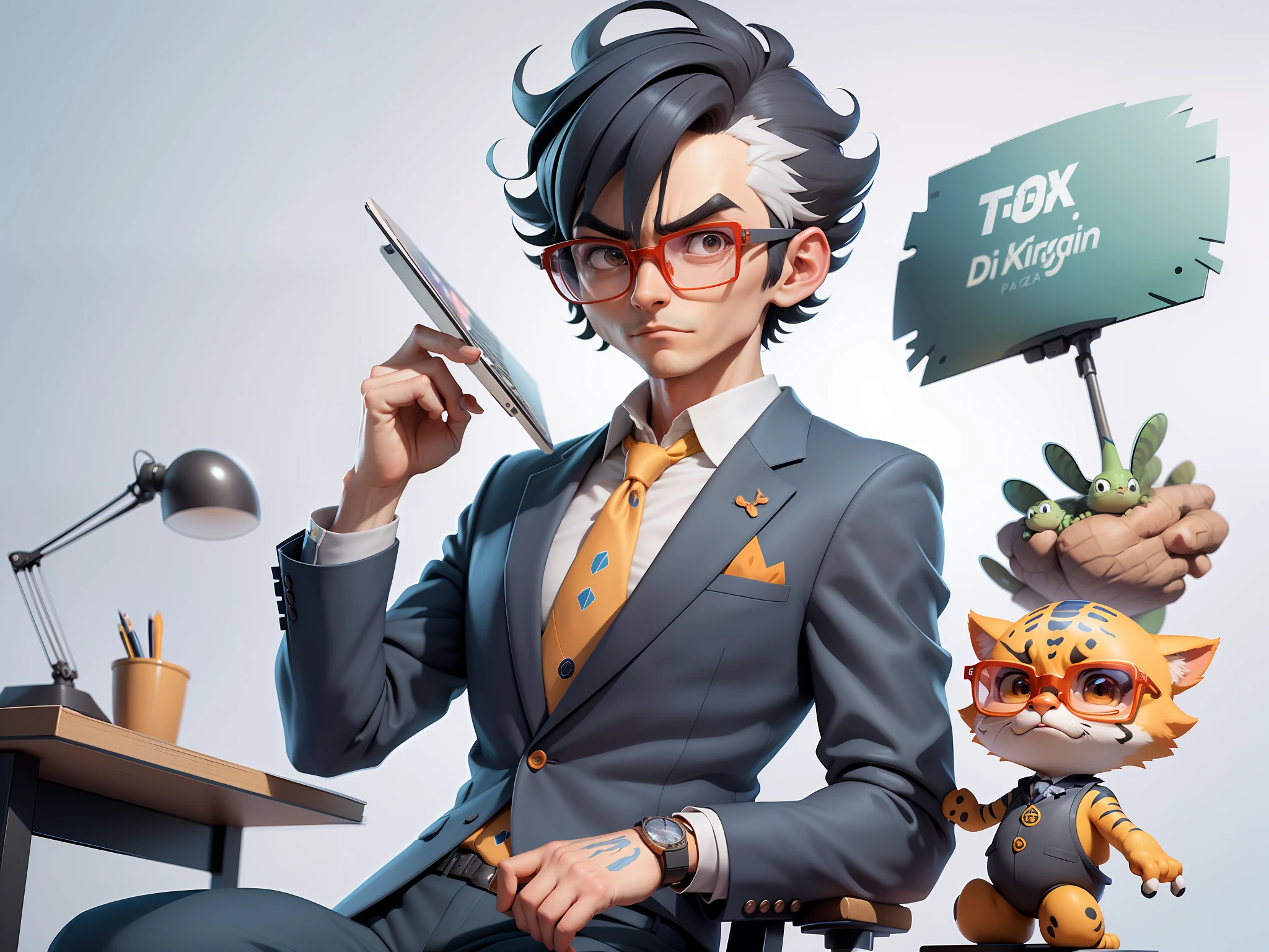 A young man in a suit, Short hair and glasses sat at his desk,holding laptop,digitial painting,tigre,3D character design by Mark Clairen and Pixar and Hayao Miyazaki and Akira Toriyama,4K HD illustration,Very detailed facial features and cartoon-style visuals。