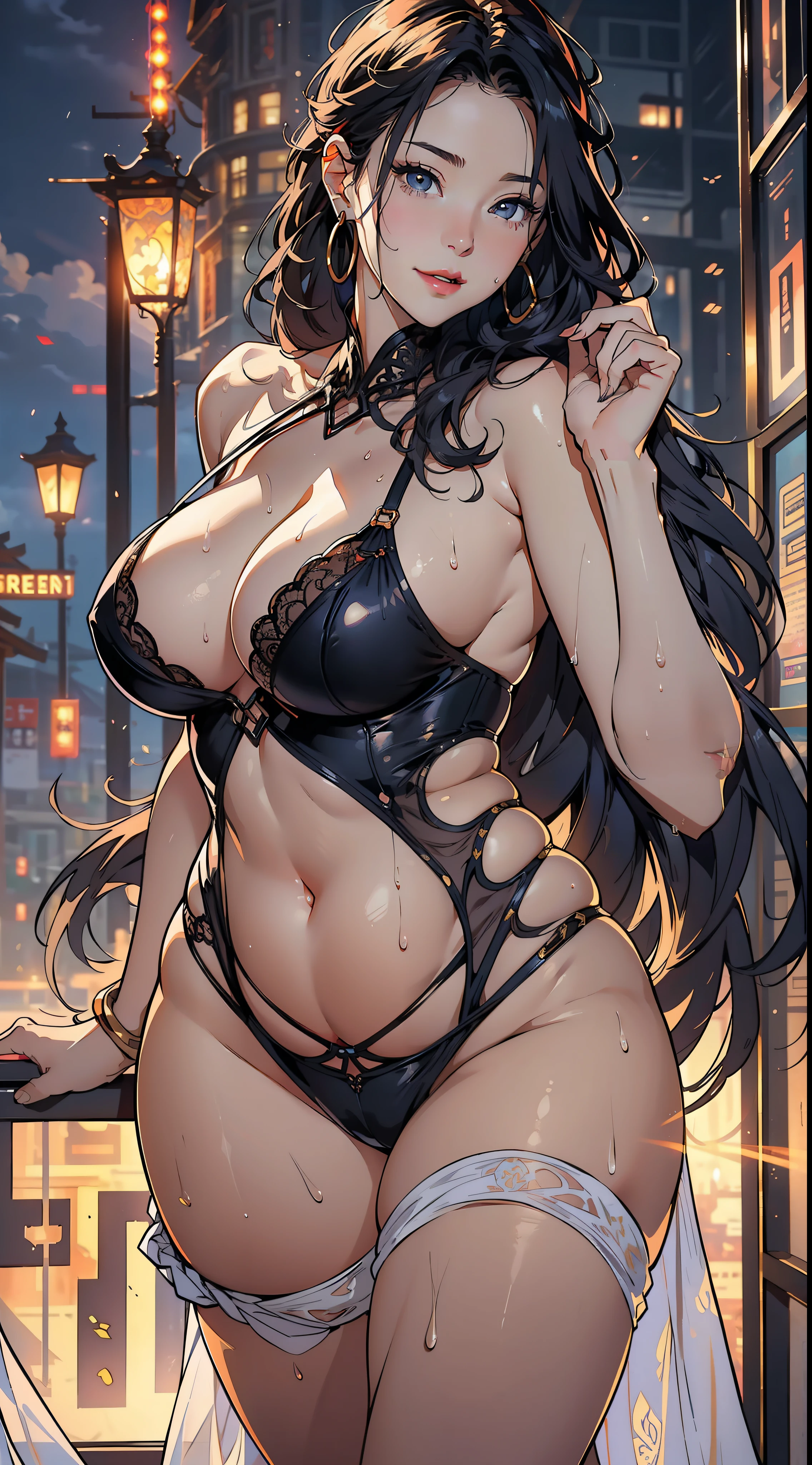 beautiful lady, Alphonse Mucha's style, light reflections, voluminetric lighting,sexy big breasts exposed，1female，36 years old，Huge breasts， 独奏，， Wearing a lace dress，  She has long flowing hair，  standing on your feet，Bigchest，Wet straight hair，Sweat profusely，drenched all over the body，frontage， hair straight， mostly cloudy sky，（（（tmasterpiece），（Very detailed CG unity 8K wallpaper），best qualtiy，cinmatic lighting，detailed back ground，beatiful detailed eyes，Bright pupils，（Very fine and beautiful），（Beautiful and detailed eye description），ultra - detailed，tmasterpiece，）），facing at camera，A high resolution，ultra - detailed），beautifullegs，Very long hair，legs are open，Emotive expressions，Smile，Open-mouthed，Flushed complexion，Chest sagging，，Camel toes，with no underpants，extremely large bosom，Extremely colorful，Most detailed，fully body photo，The face is well lit