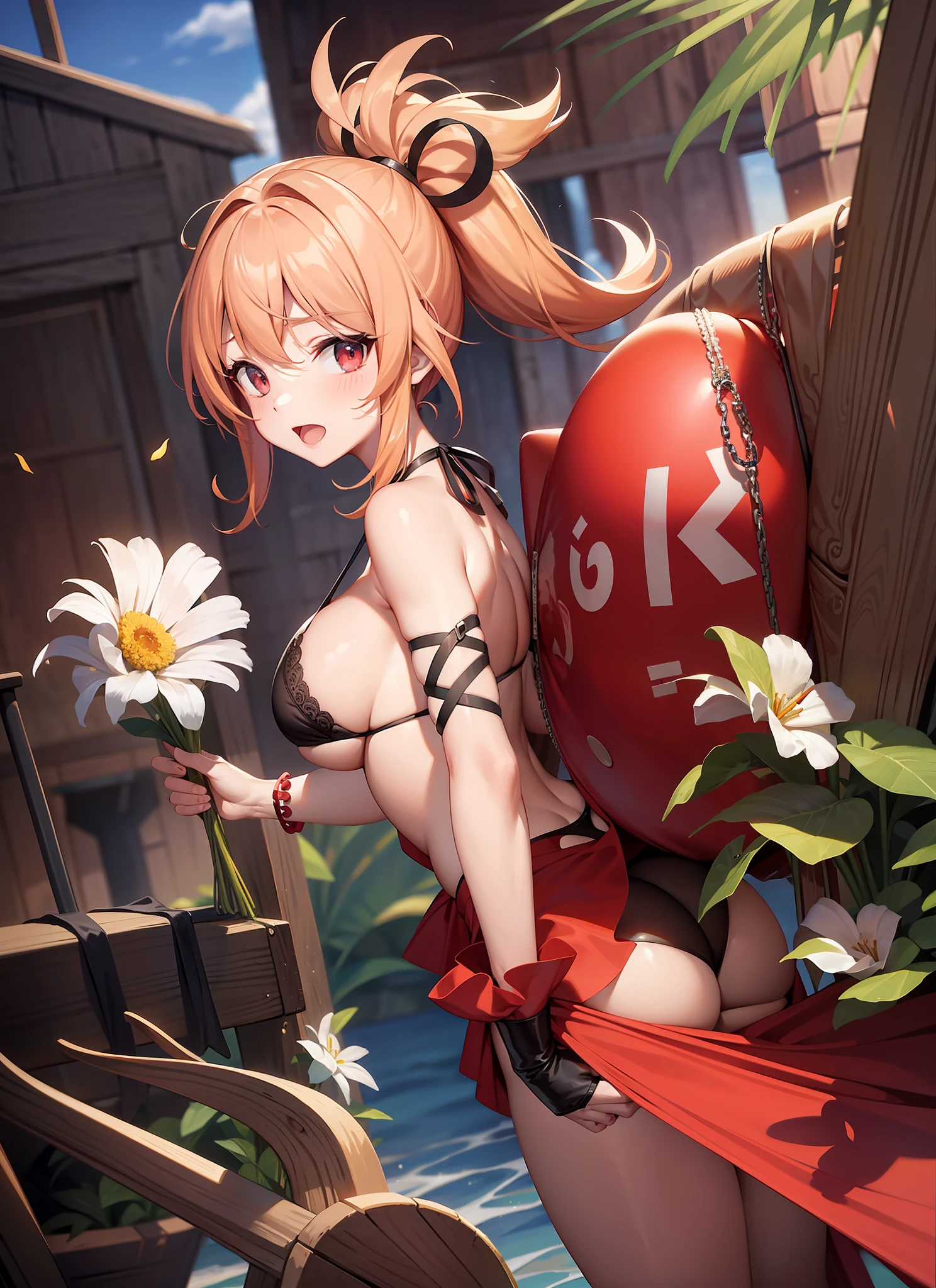 open waist，huge-breasted，Red bra，Shy，a plump buttocks，Background island，summer day，black leg rings