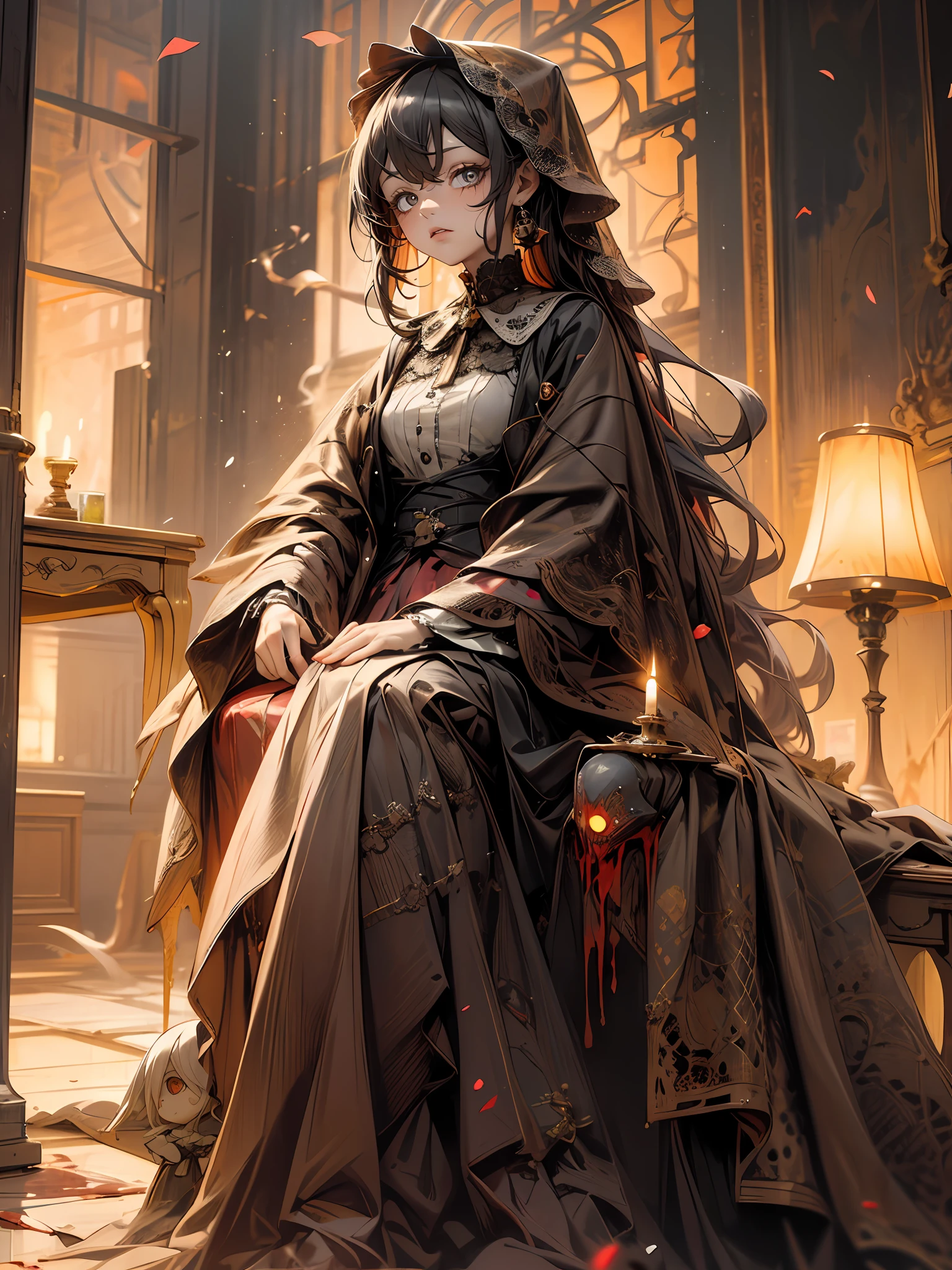 Masterpiece, Best quality, Ultra detailed, A haunted girl doll sitting on a table, Hollow eyes, Blood, spiderwebs, Messy, doll, haunted, Abandoned mansion, Horror, Scary, ghost, eerie, No Man, No light