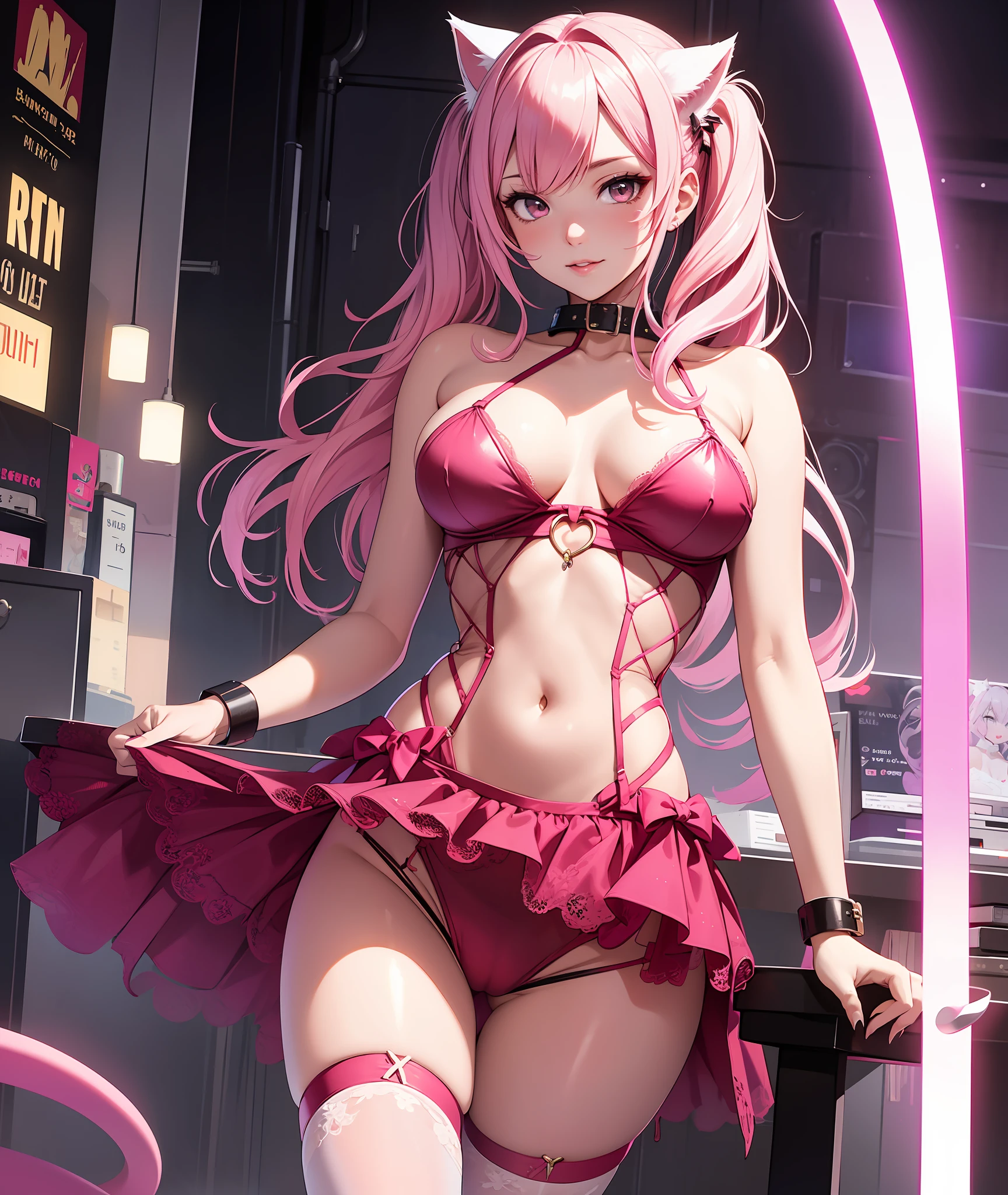 (masterpiece, best quality), ((1girl, solo )), pink hair, twintails, 1girl in a tight see-through glittery lingerie, cat ears, cat tail, collar, sexy dress, very sexy outfit, wearing a tight see-through lingerie, sexy outfit, see through dress, succubus, sexy look, skintight dress, wearing in stocking, skintight, tight attire