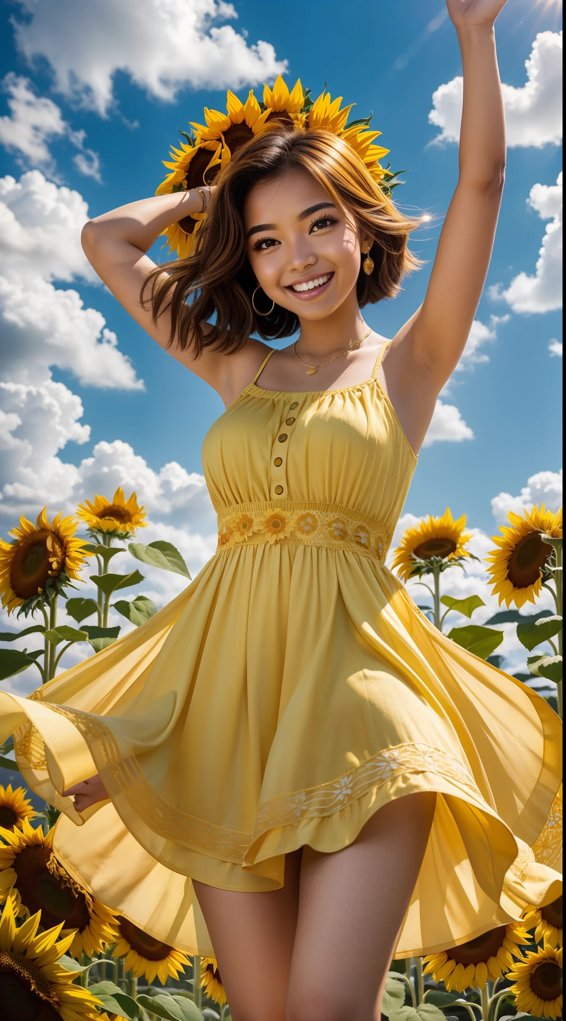 A cheerful Sunflower beams with warmth and positivity. She dons a golden-yellow sundress, reflecting her sunny personality. Her makeup highlights her radiant smile, and she stands tall with arms outstretched, embracing the world with open arms
