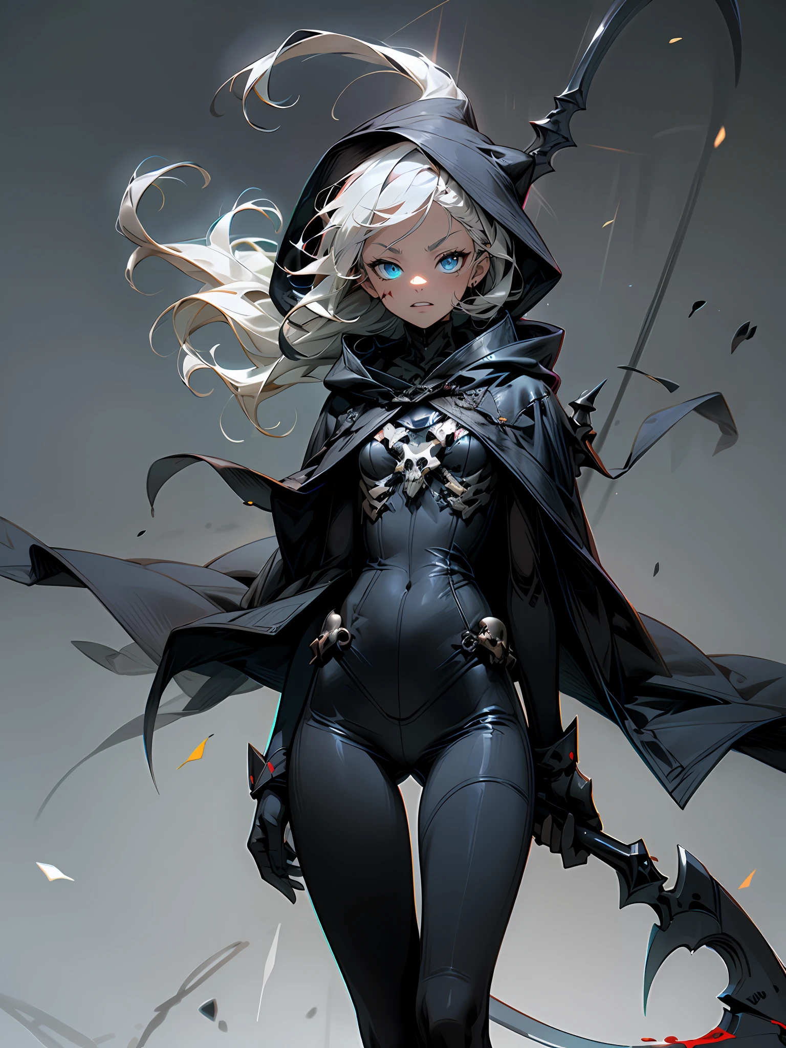 hyper super ultra detailed perfect piece, illustration, Scary face, ((Intimate dark blue mist background), (scythe), ((Solo)), (Best quality), (Grim Reaper Girl), Black tights, Small chest, Visible through hair, (Wearing the Grim Reaper clothes), (Hood), Skull skin, (Transparent white hair), Tip blue, Skull Eyes, (Perfect anatomy), (Phantom Monsters), Blood, Masterpiece,Crazy nothingness, Horror \(Theme\),r1ge, Glowing, Aura, energy, Beam, Flying debris, [Angry], Floating hair,Blue: (Blue Themes:1.2)