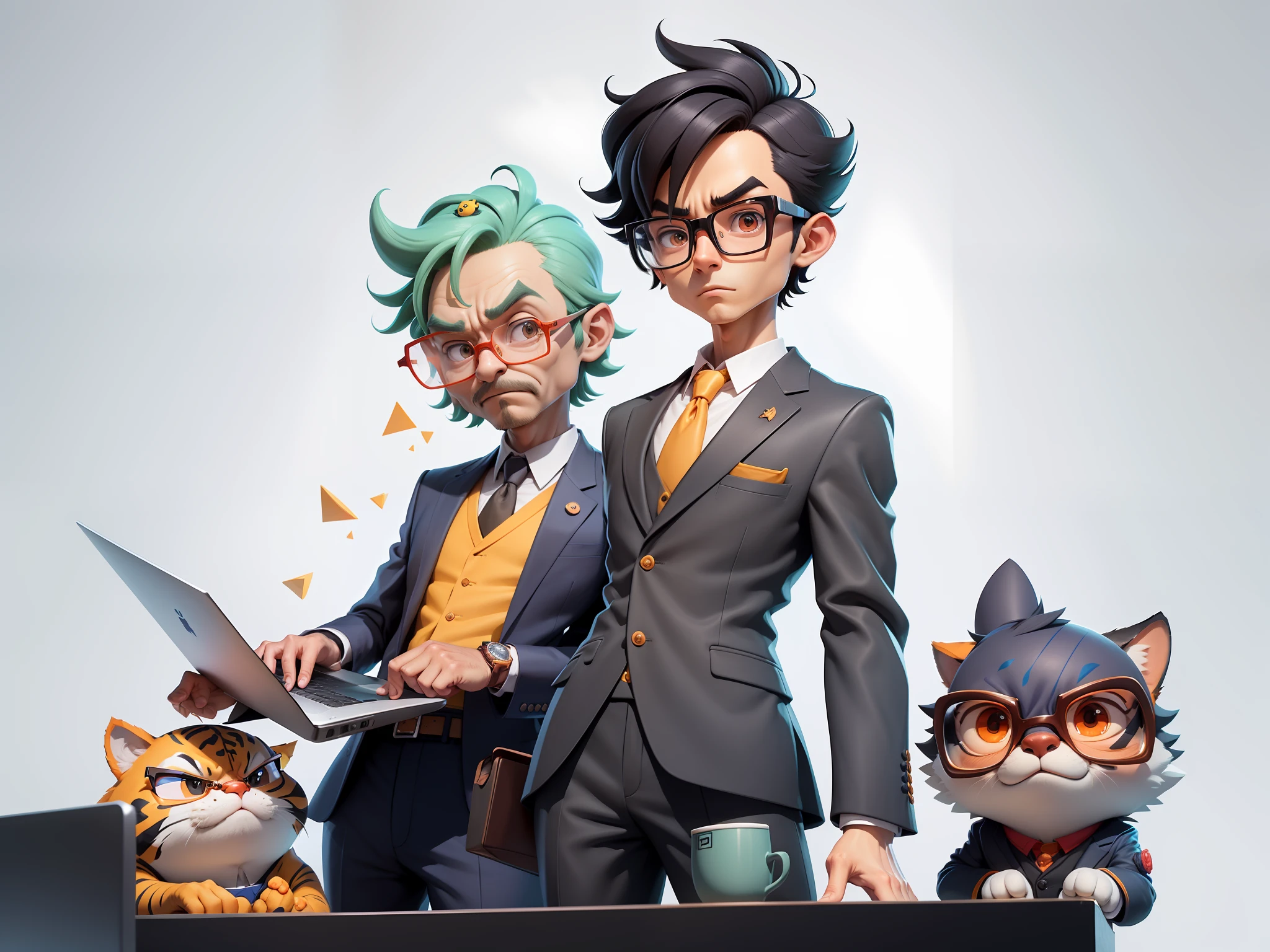 A young man in a suit, Short hair and glasses sat at his desk，holding laptop，digitial painting，tigre，3D character design by Mark Clairen and Pixar and Hayao Miyazaki and Akira Toriyama，4K HD illustration，Very detailed facial features and cartoon-style visuals。