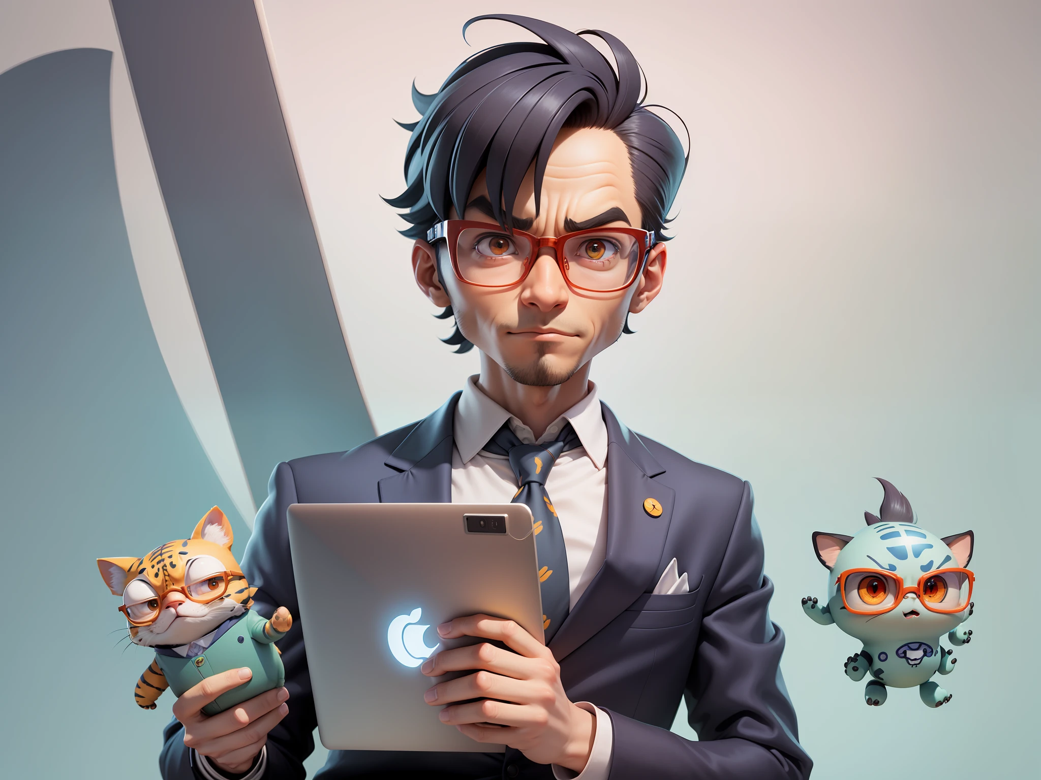 A young man in a suit, Short hair and glasses sat at his desk，holding laptop，digitial painting，tigre，3D character design by Mark Clairen and Pixar and Hayao Miyazaki and Akira Toriyama，4K HD illustration，Very detailed facial features and cartoon-style visuals。