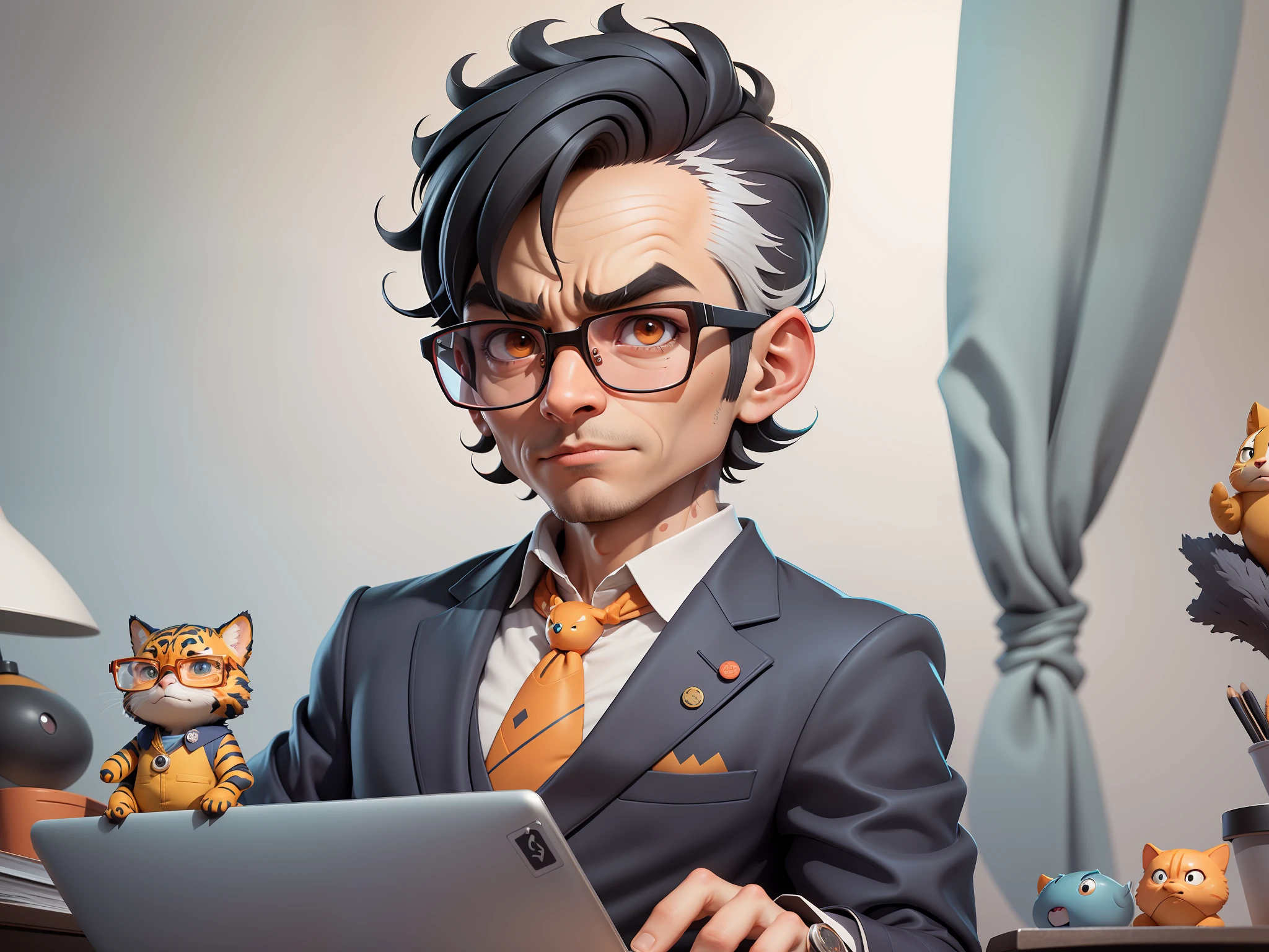 A young man in a suit, Short hair and glasses sat at his desk,holding laptop,digitial painting,tigre,3D character design by Mark Clairen and Pixar and Hayao Miyazaki and Akira Toriyama,4K HD illustration,Very detailed facial features and cartoon-style visuals。