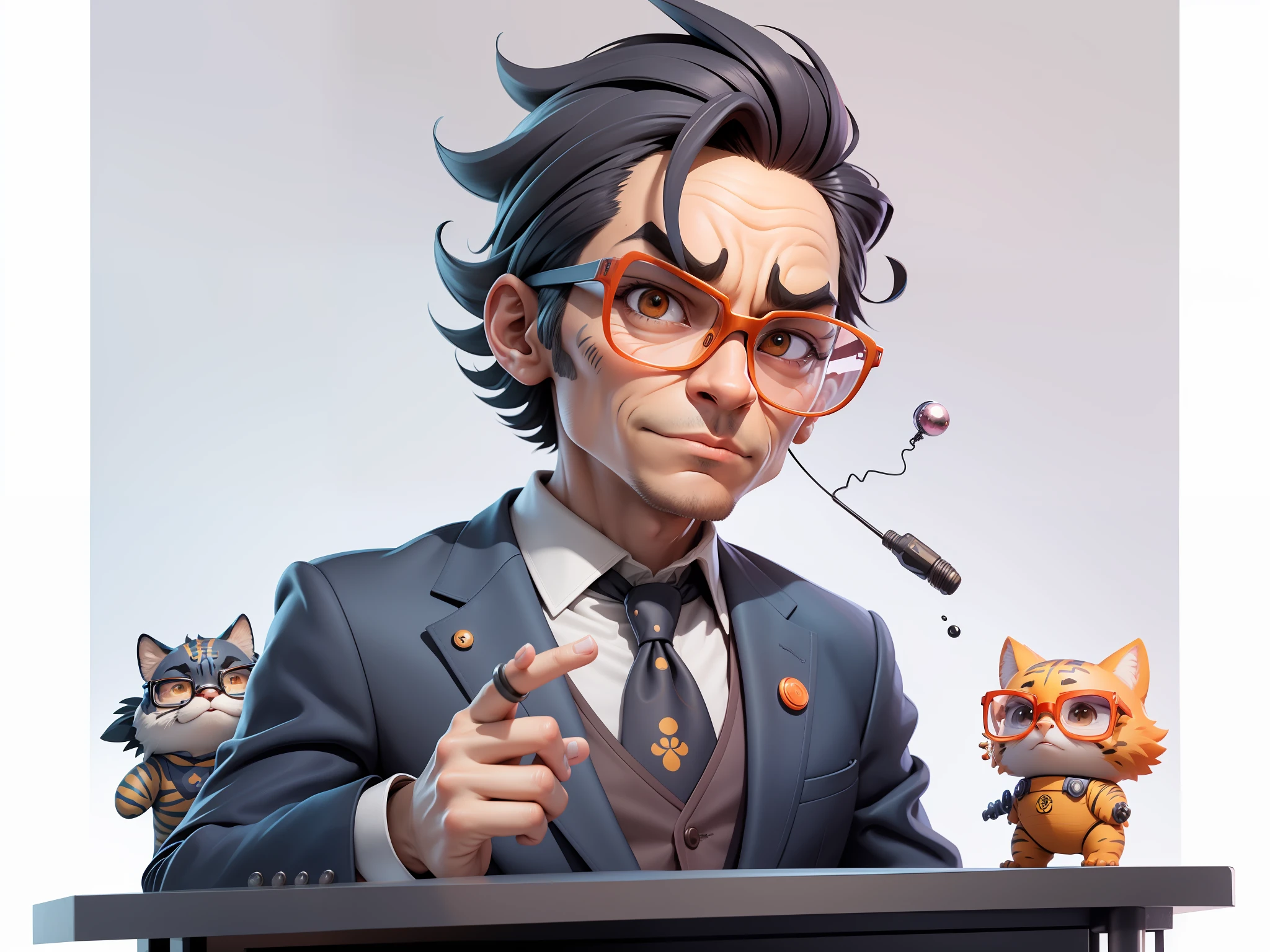 A young man in a suit, Short hair and glasses sat at his desk，holding laptop，digitial painting，tigre，3D character design by Mark Clairen and Pixar and Hayao Miyazaki and Akira Toriyama，4K HD illustration，Very detailed facial features and cartoon-style visuals。