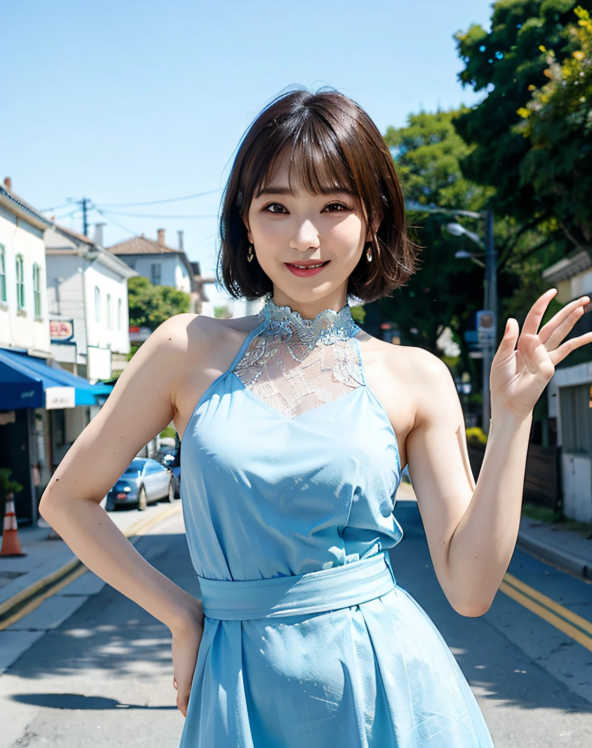 a woman posing on the street corner with light blue dress on, best quality, 1girl, large breasts, day, bright, blur background, bokeh, outdoor, (street:0.8), (people, crowds:1), (lace-trimmed dress:1.5, sleeveless dress, light blue clothes, light blue high-neck dress:1.2, blue dress: 1.5), gorgeous, (short hair, forehead:1.2), beautiful detailed sky, earrings, (dynamic pose:1.2), (upper body:0.8), soft lighting, wind, shiny skin, smile,