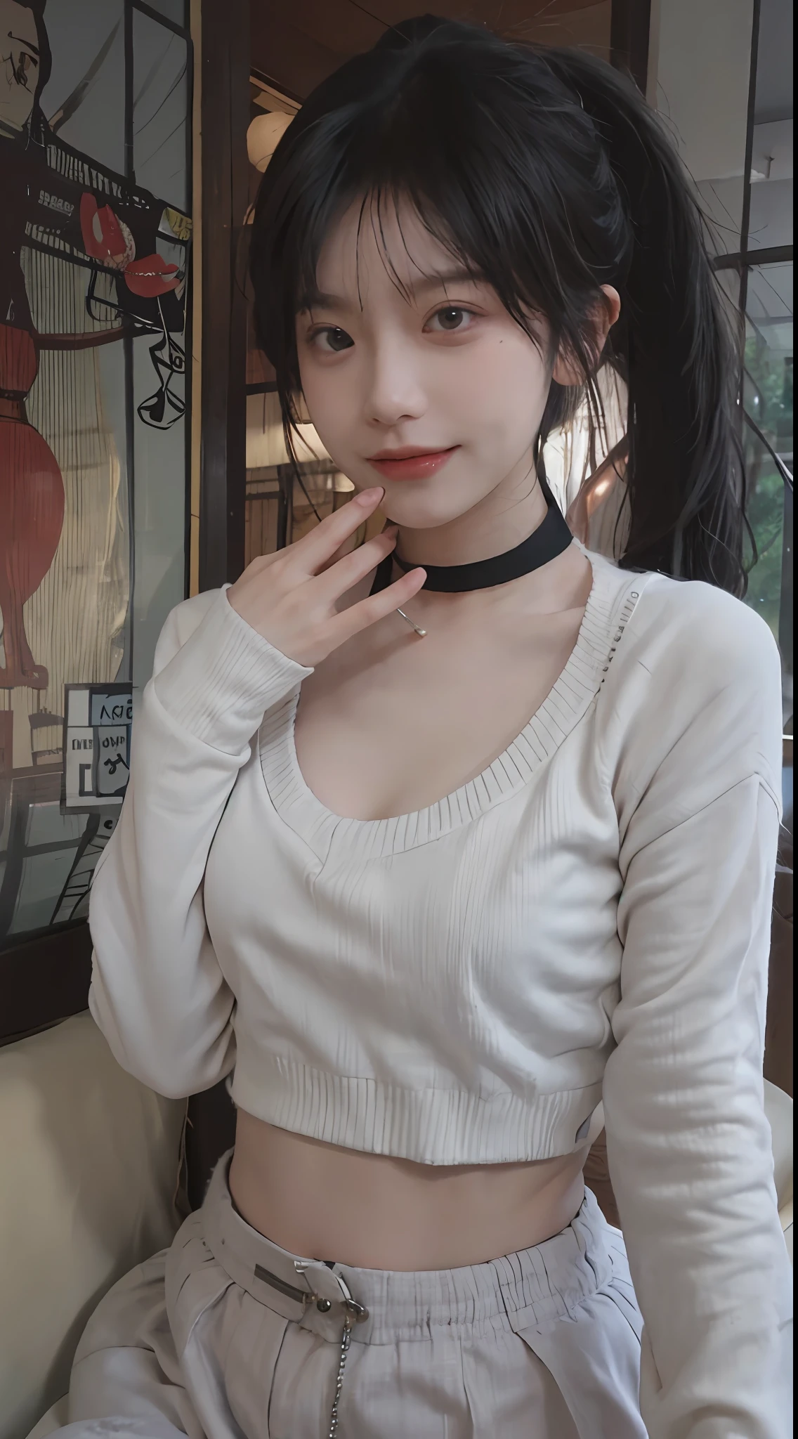 best qualtiy， 超高分辨率， （realisticlying：1.4），cute hairpin，Baoyu Girl，1girll, Raised sexy，a sense of atmosphere，Royal Sister，Beautiful woman with a slim figure:1.4, Abs:1.2, (High ponytail, mideum breasts:1.3), Pink cropped sweater:1.4, 浴室,Ultra-fine face，Elaborate Eyes，二重まぶた，ssmile，choker necklace