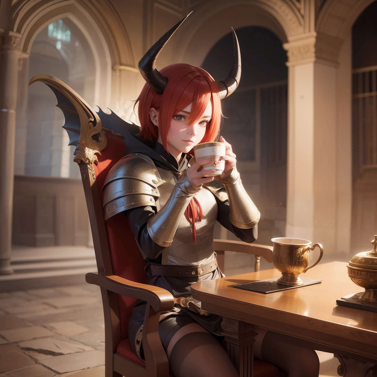 Medieval background, sitting on chair holding a cup, demon, red hair, glowing orange eyes, bat wings, horn, medieval combat outfit, powers around