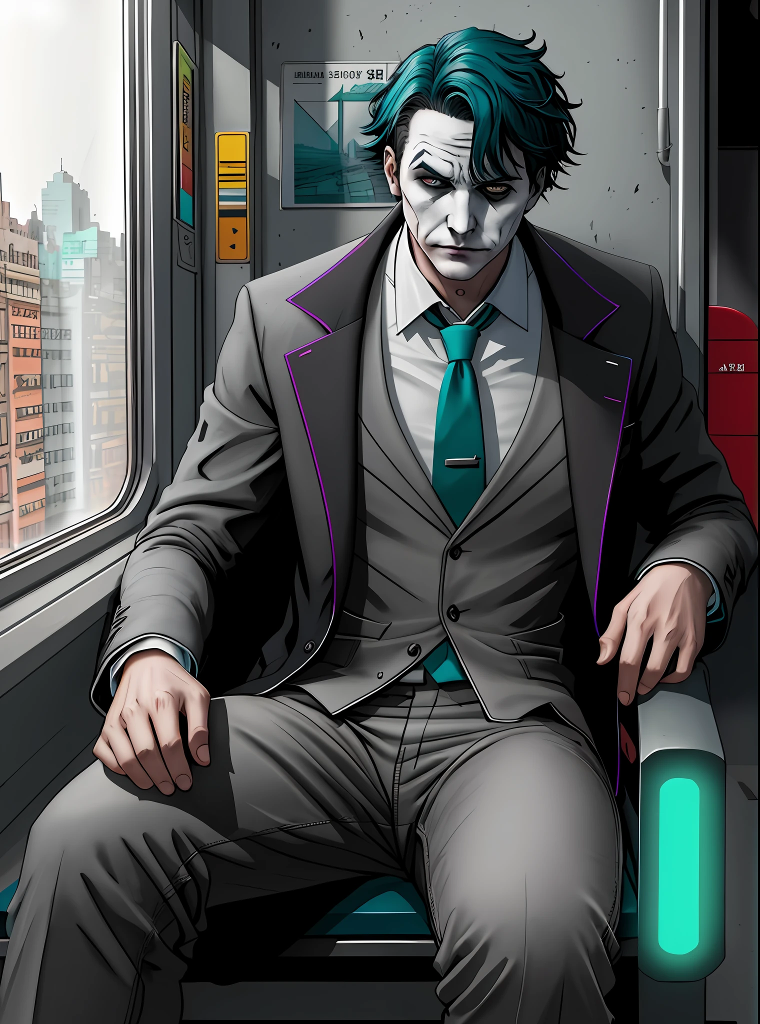 Sad 2019 Joker sitting on the subway, epic, realista, desbotado, cores neutras, (((((hdr)))), ((((cores silenciadas)))), cena intrincada, artstation, hiperdetalhado, Film filming, luzes quentes, dramatic light, detalhes intrincados, vinheta, fundo complexo, [[teal e laranja]], slate grey atmosphere