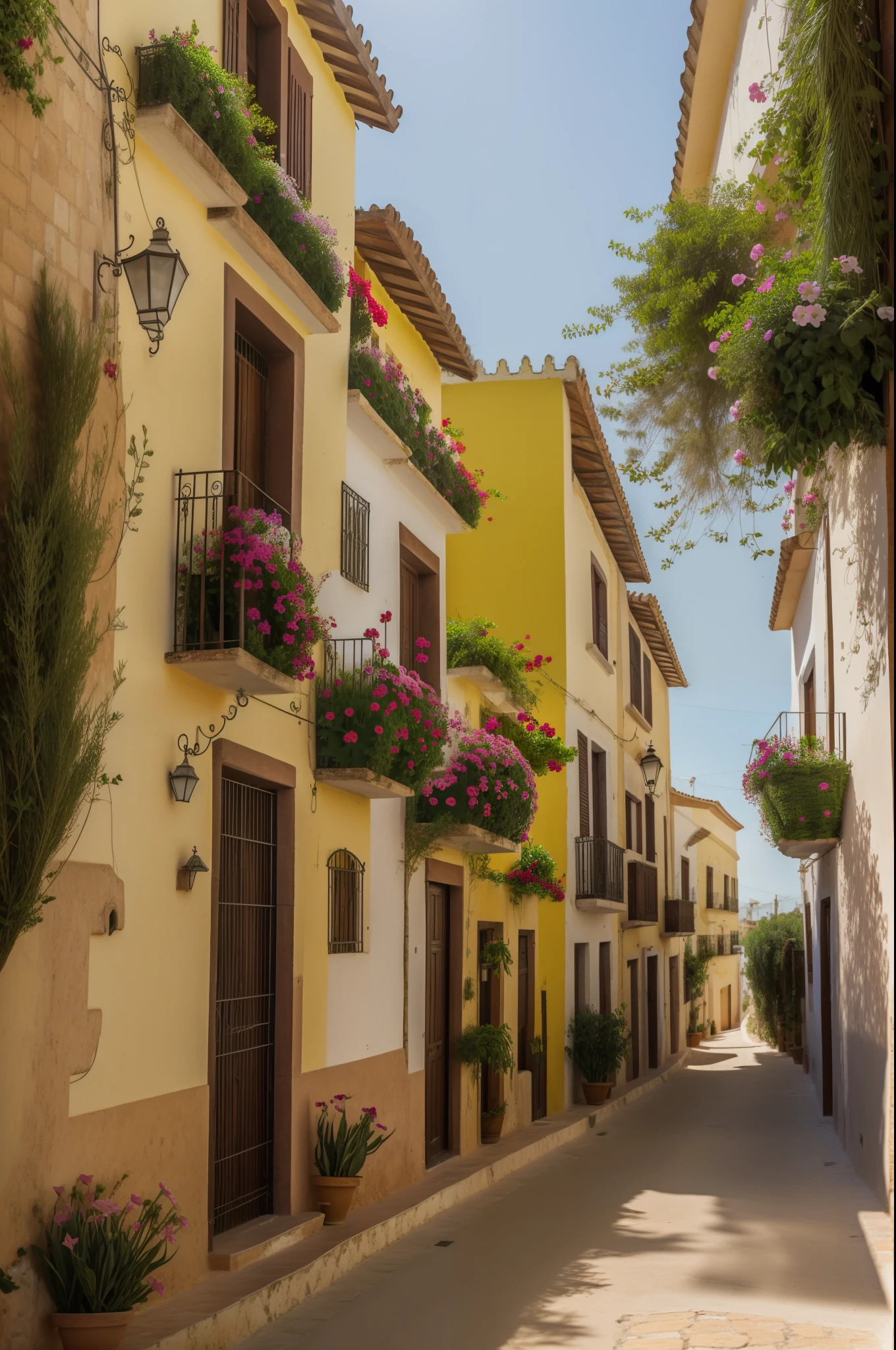 Geranios en flor en macetas, calle de antigua ciudad de Italia, adoquines de piedra, viejas casa de piedra y ladrillo. Calle estrecha en colina. sunny day. Cinematographer.