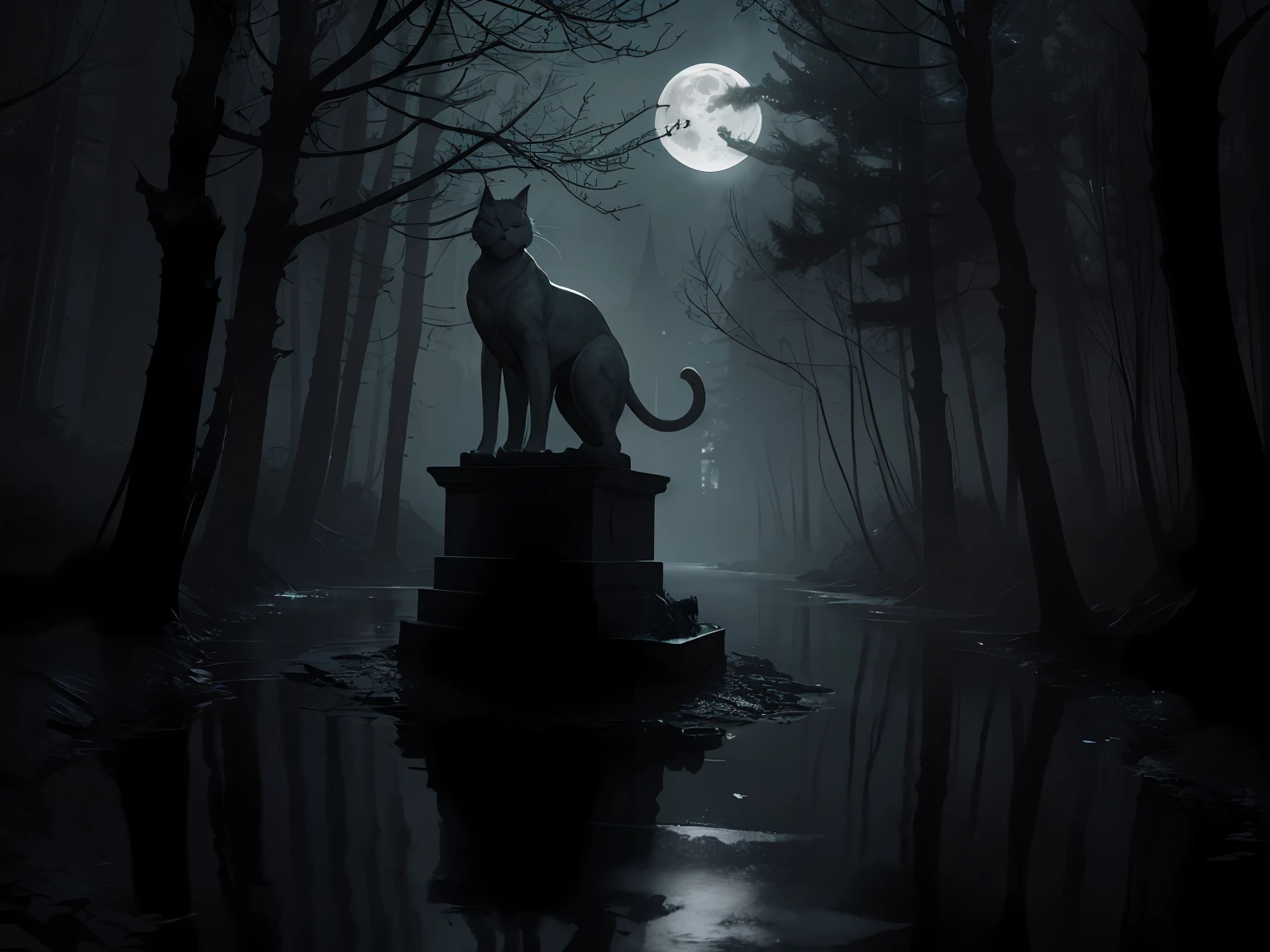 A TERRIFYING STATUE of a TOTALLY GRAY CAT glowing at night with the moon in the background in a dark and macabre forest and a reflective river in the background, Clima denso, gothic horror vibes, arte de fantasia de terror, cores mortas