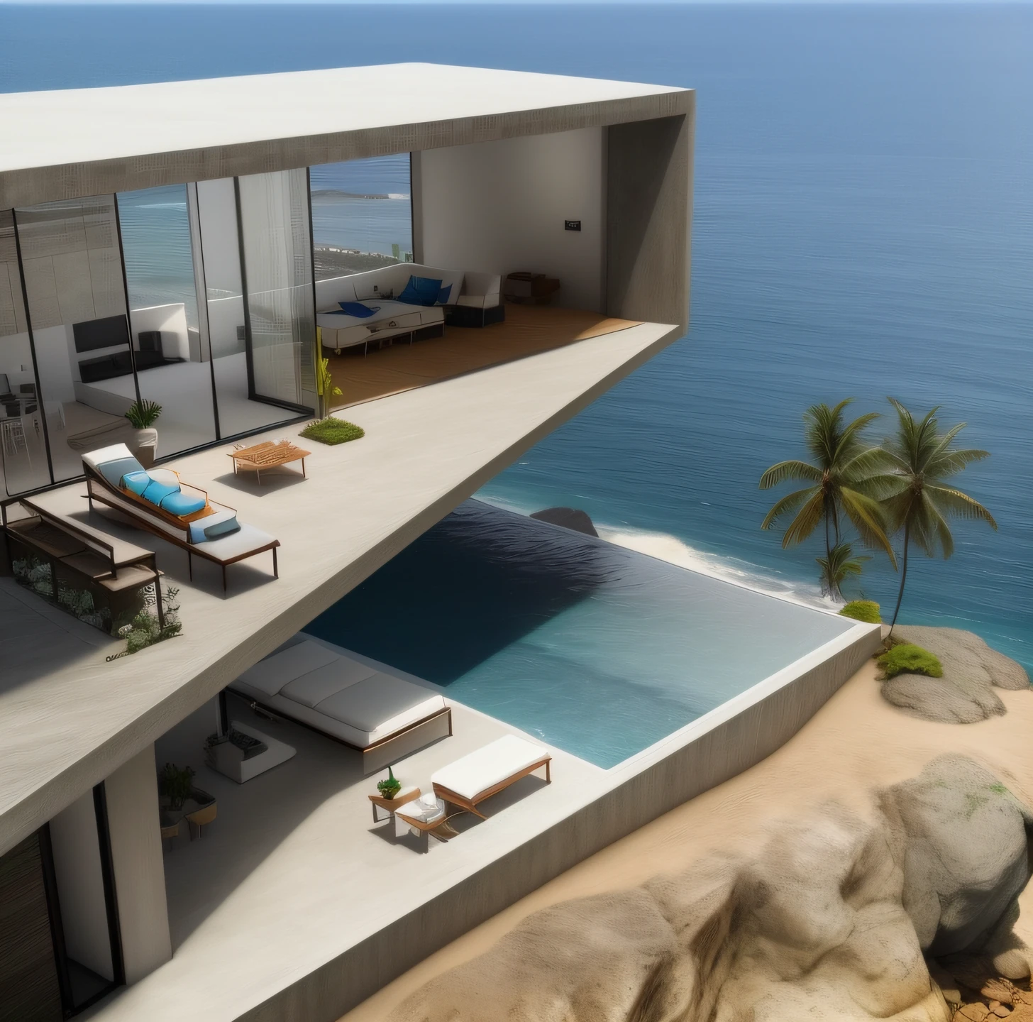 vista para uma casa com piscina e praia ao fundo, built around ocean, arquitetura realista, estilo de vida de luxo, arquitetura de luxo, very realistic, arte realista, ultra moderno, Seaside mansion, muito realista, arquitetura de concreto, arquitetura inspiradora, com vista para o oceano, realmente realista, Incredible masterpiece, vista para o mar, concrete housing, casa rica, beautiful rendering