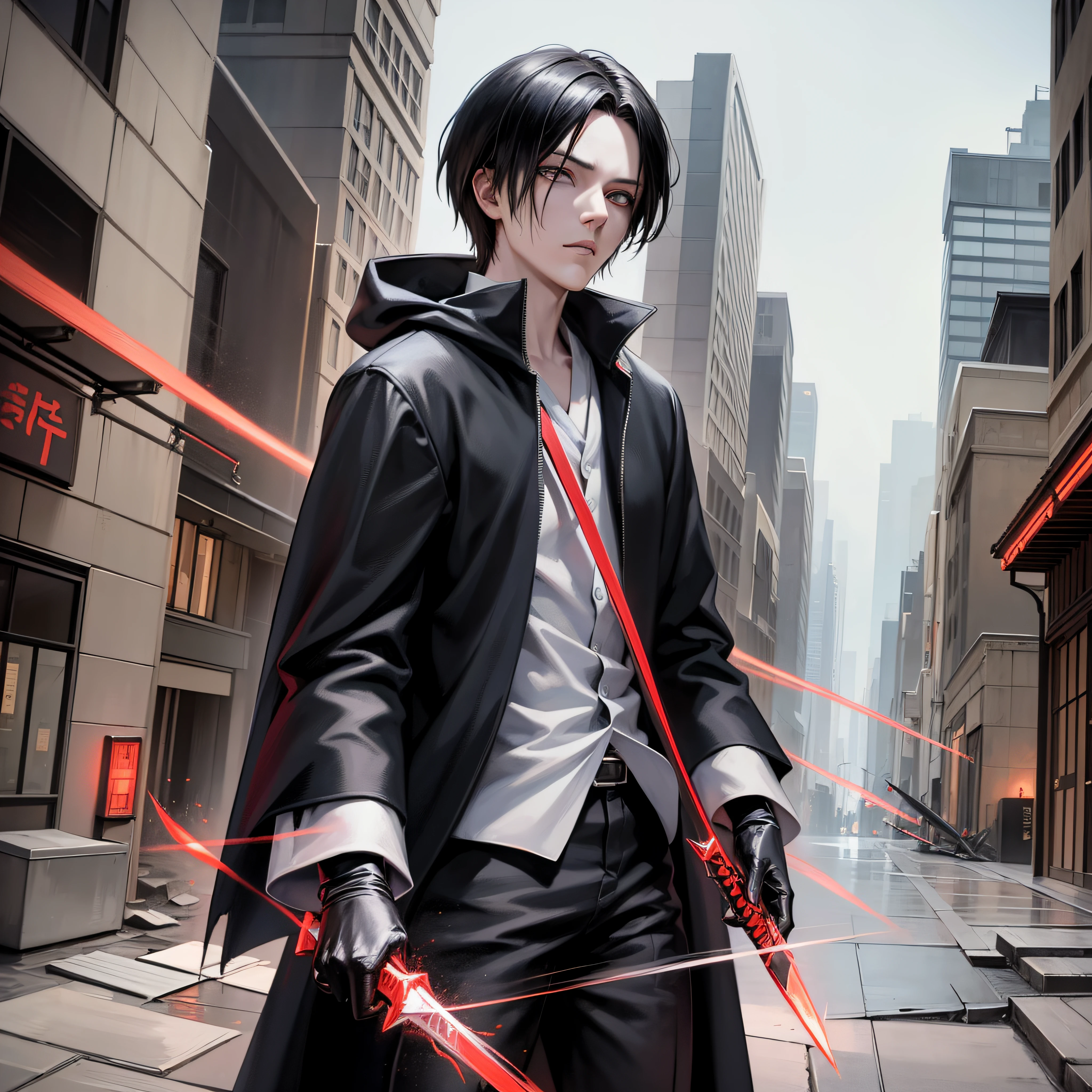 Character combination: Ichigo Kurosaki (Bleach) + Levi Ackerman (Attack on Titan) Characterization: Ichigo will be wearing his Shinigami outfit, with a black and white cape with the Shinigami symbol on the back. He will be wearing the mask of his Hollow form and will be wielding his Zanpakutou, the Tense Zangetsu. Levi will be wearing his hooded Boy Scout uniform and his twin swords on his back. The setting will be a destroyed city landscape with debris from surrounding buildings. The painting will be in 8k with vibrant and realistic colors, using the technique of oil painting on canvas, with dynamic lighting. --auto --s2