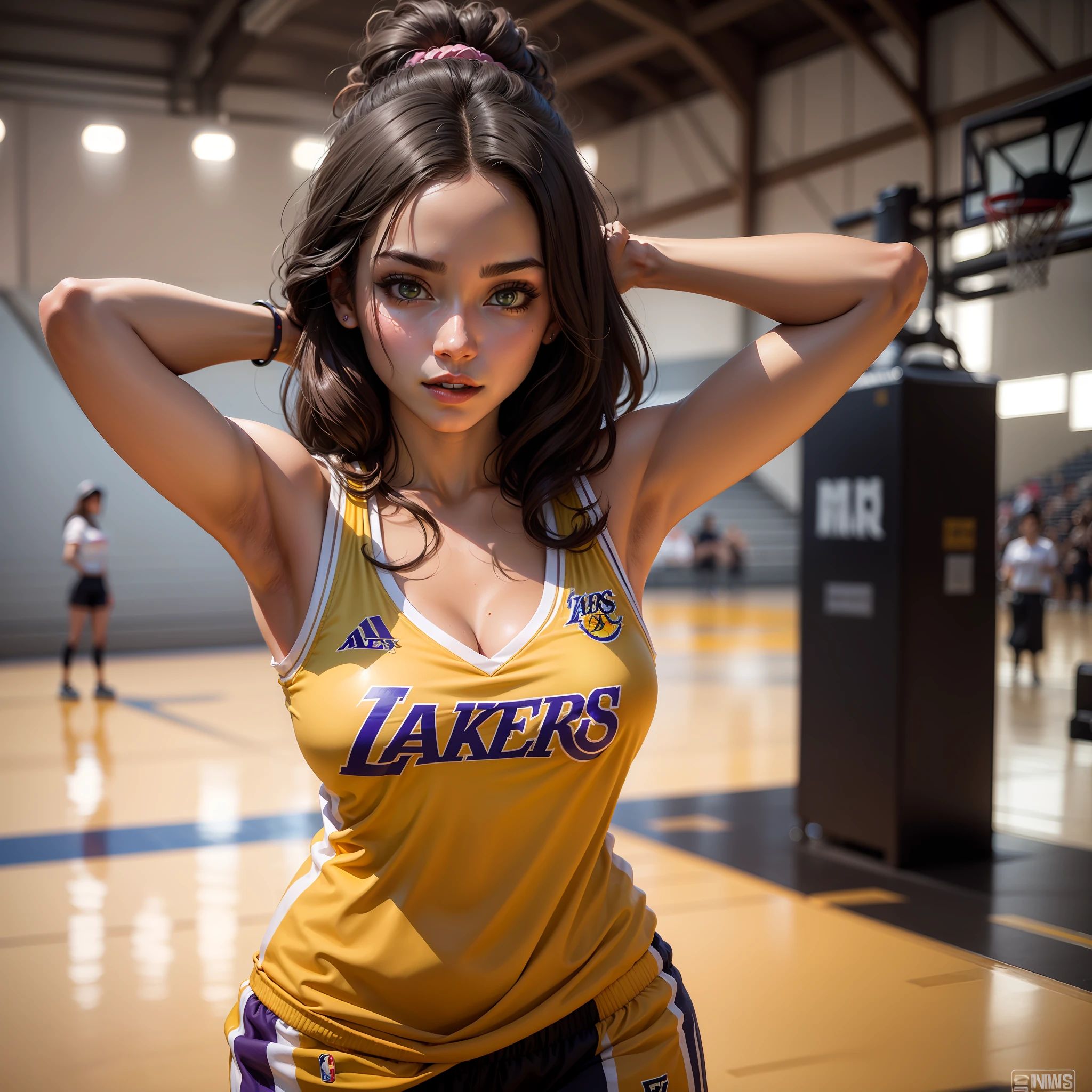 Uma mulher solo, pele morena bronzeada, cabelo preto curto, big pink lips, olhos verdes, olhando para o espectador, seios grades, coxas grossas, cintura fina, showing she gives waist up, uma pose sensual, ela vestida com a camisa amarela dos Lakers de basquete, Behind her is an empty basketball stadium, Angelical's face expression, todo bem detalhado