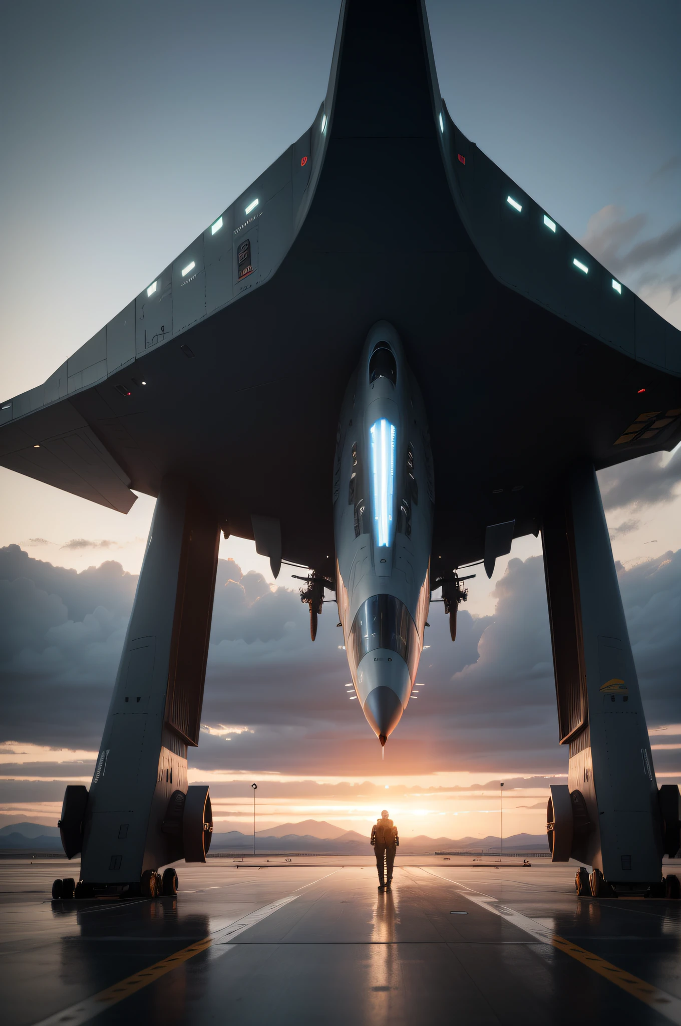 At a futuristic air base hidden in the mountains, a squadron of futuristic aircraft is lined up on the takeoff deck. Aircraft have a cybernetic look, with angular surfaces and glowing blue neon panels. The night sky is dotted with low-lying clouds and twinkling stars, creating an atmosphere of preparation for a high-risk operation. The air base is a mix of advanced technology and makeshift construction, with metal hangars and flashing emergency lights. The feeling is one of tension and anticipation as the pilots prepare to take off on a crucial mission. The scene is rendered in 3D art style with intricate detail, --ar 16:9 --v 5.