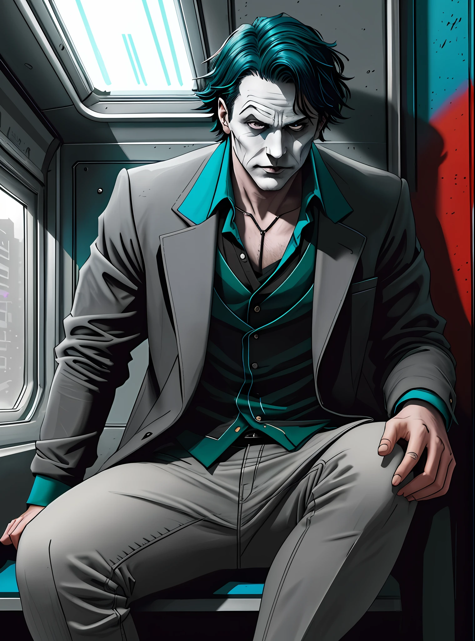 Sad 2019 Joker sitting on the subway, epic, realista, desbotado, cores neutras, (((((hdr)))), ((((cores silenciadas)))), cena intrincada, artstation, hiperdetalhado, Film filming, luzes quentes, dramatic light, detalhes intrincados, vinheta, fundo complexo, [[teal e laranja]], slate grey atmosphere
