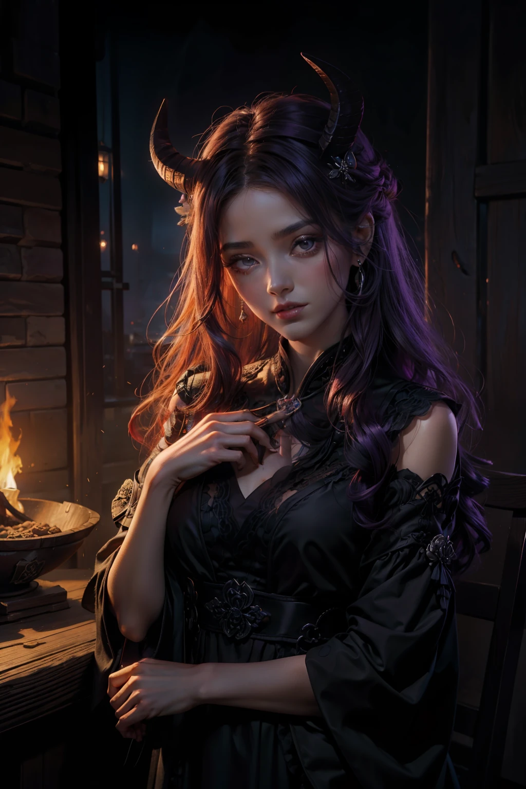 ((4K, tmasterpiece, beste-Qualit)), loto, Hanfu Violeta, Noir et or, Maxiskit, Dress conservatively ****ung woman, seulement, long dark purple hair, Yeux verts, ornement de cheveux de fleurs rouges, goat horns on his head, sourire, stand up, pieds nus. Fond de volcan, lave, sombre.