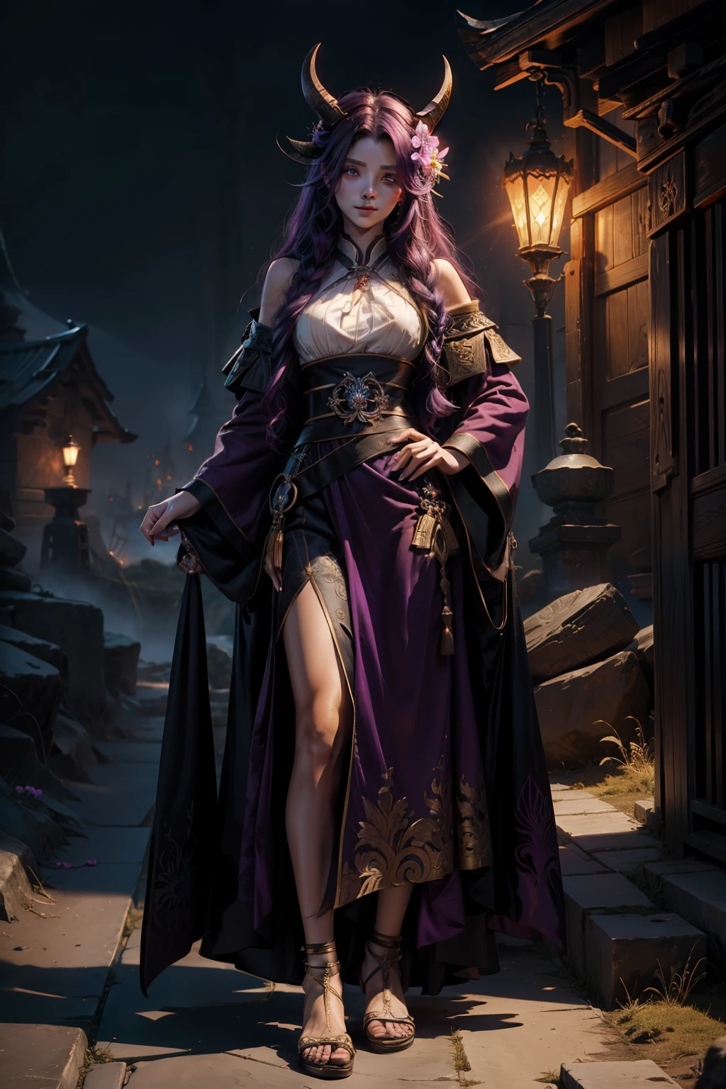 ((4K, tmasterpiece, beste-Qualit)), loto, Hanfu Violeta, Noir et or, Maxiskit, Dress conservatively ung woman, seulement, long dark purple hair, Yeux verts, ornement de cheveux de fleurs rouges, goat horns on his head, sourire, stand up, pieds nus. Fond de volcan, lave, sombre.