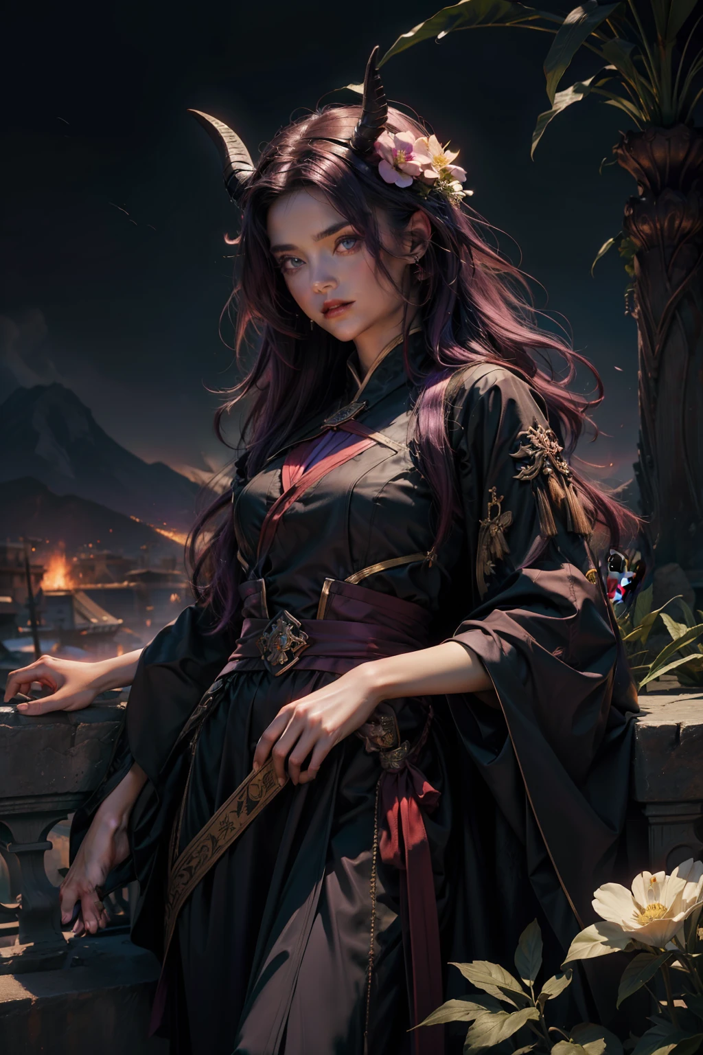 ((4K, tmasterpiece, beste-Qualit)), loto, Hanfu Violeta, Noir et or, Maxiskit, Dress conservatively ****ung woman, seulement, long dark purple hair, Yeux verts, ornement de cheveux de fleurs rouges, goat horns on his head, sourire, stand up, pieds nus. Fond de volcan, lave, sombre.