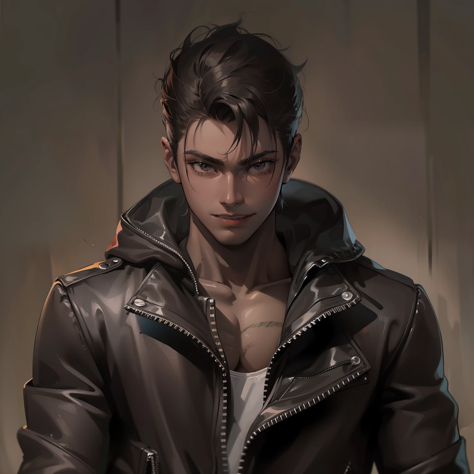 30's man、Black all-back hair、Brown skin、slightly drooping eyes、Riders Jacket、boxing、Strike sharp punches、Inappropriate smile、toned muscles、