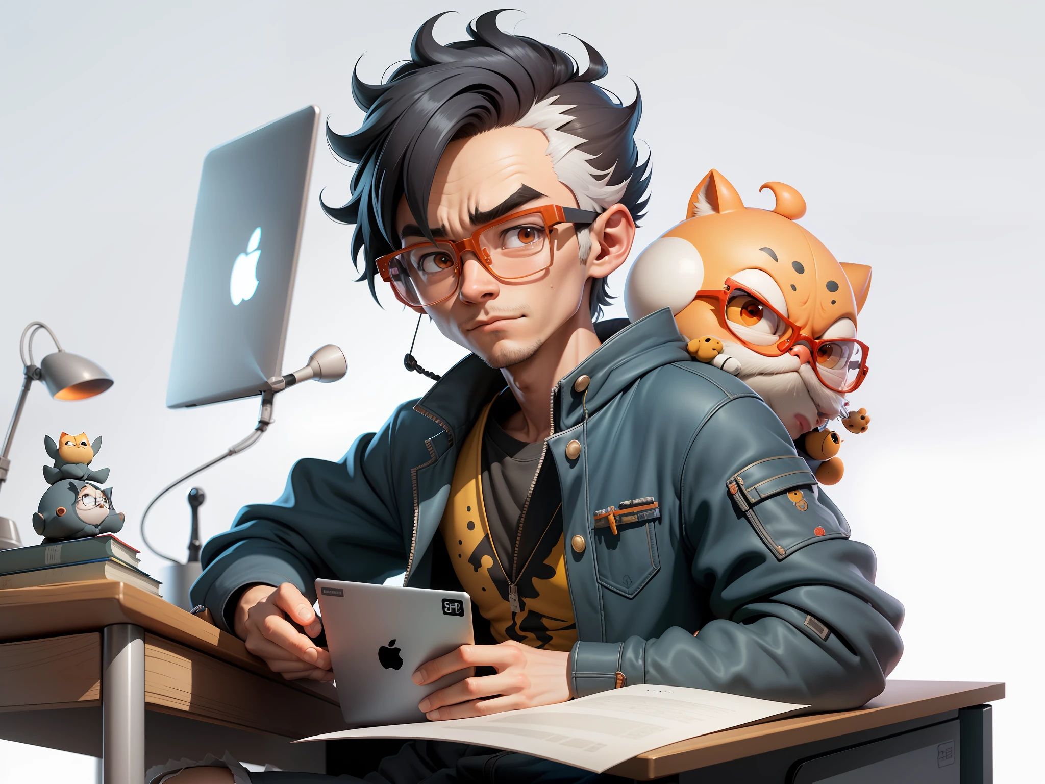 A young man with glasses sits at his desk，holding laptop，digitial painting，3D character design by Mark Clairen and Pixar and Hayao Miyazaki and Akira Toriyama，4K HD illustration，Very detailed facial features and cartoon-style visuals。
