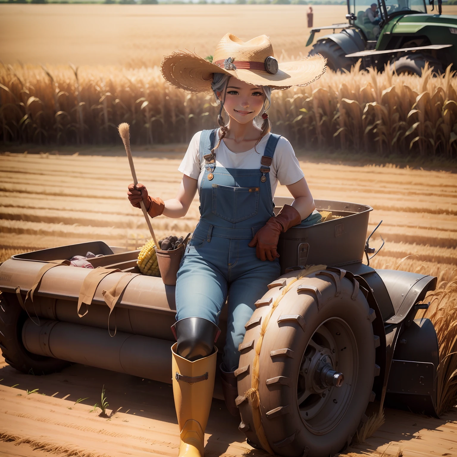 straw hat, overall, denim, (rubber boots:1.2), (work gloves:1.3), farm work, photoRealstic,Driving on a tractor,The best smile,Corn field,corn,There is a lama,There are alpacas